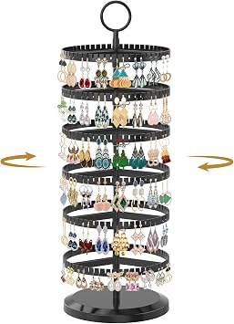 MODOWEY Rotating Earring Holder Organizer Adjustable Display, 6 Tiers Black