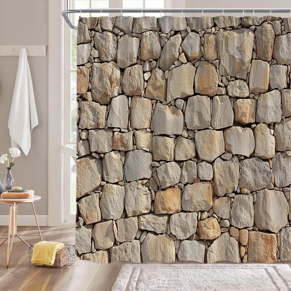 Sunhe Vintage Red Brown Brick Wall Shower Curtain Retro Stone Brick Rocks Rustic Country Farmhouse Geometric Wall Fabric Bathroom Decor Curtain with Hooks