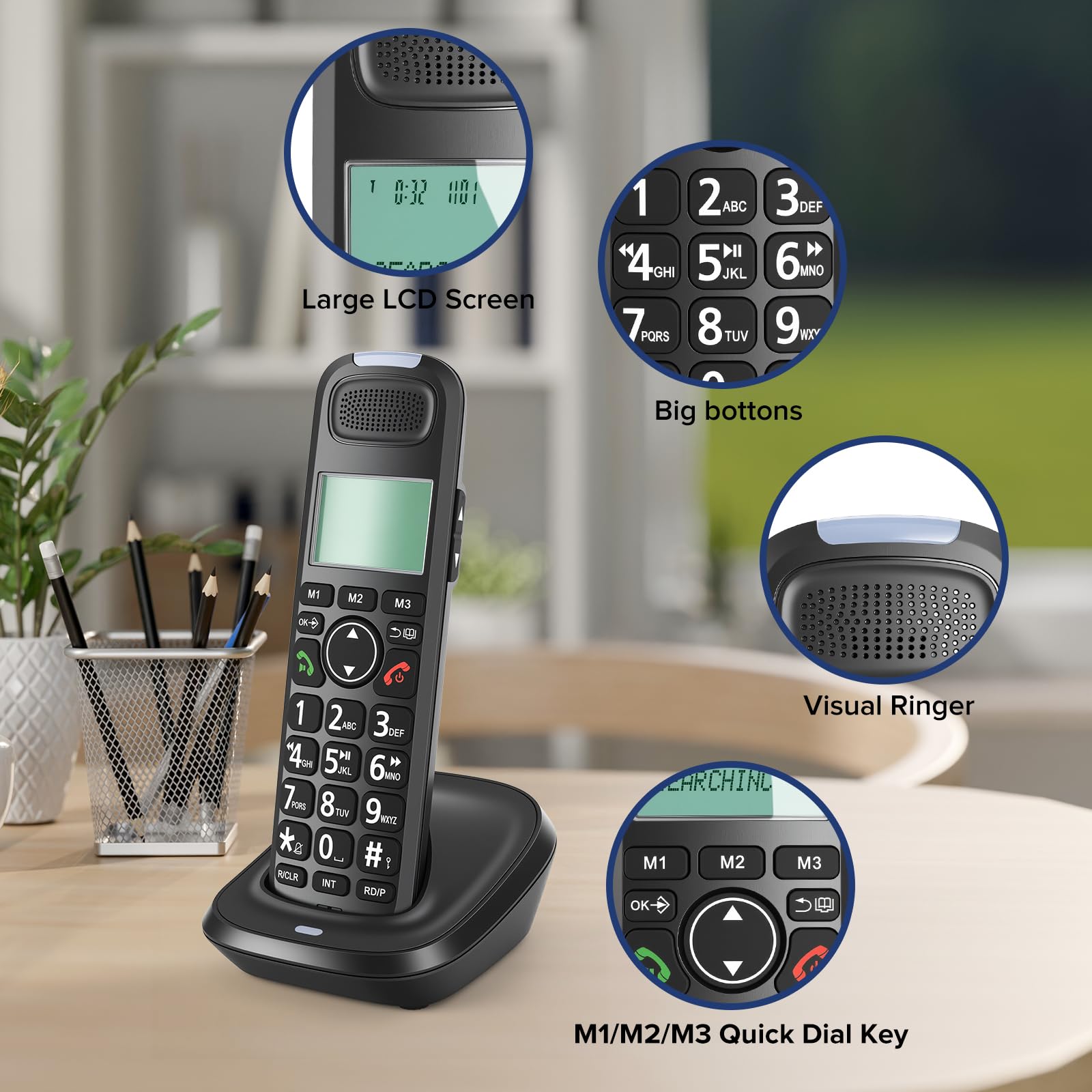 ORNIN D1015E Système téléphonique sans fil extensible avec répondeur, identification de l'appelant, gros boutons, haut-parleur, assistance audio – Maison et petite entreprise (1 combiné)