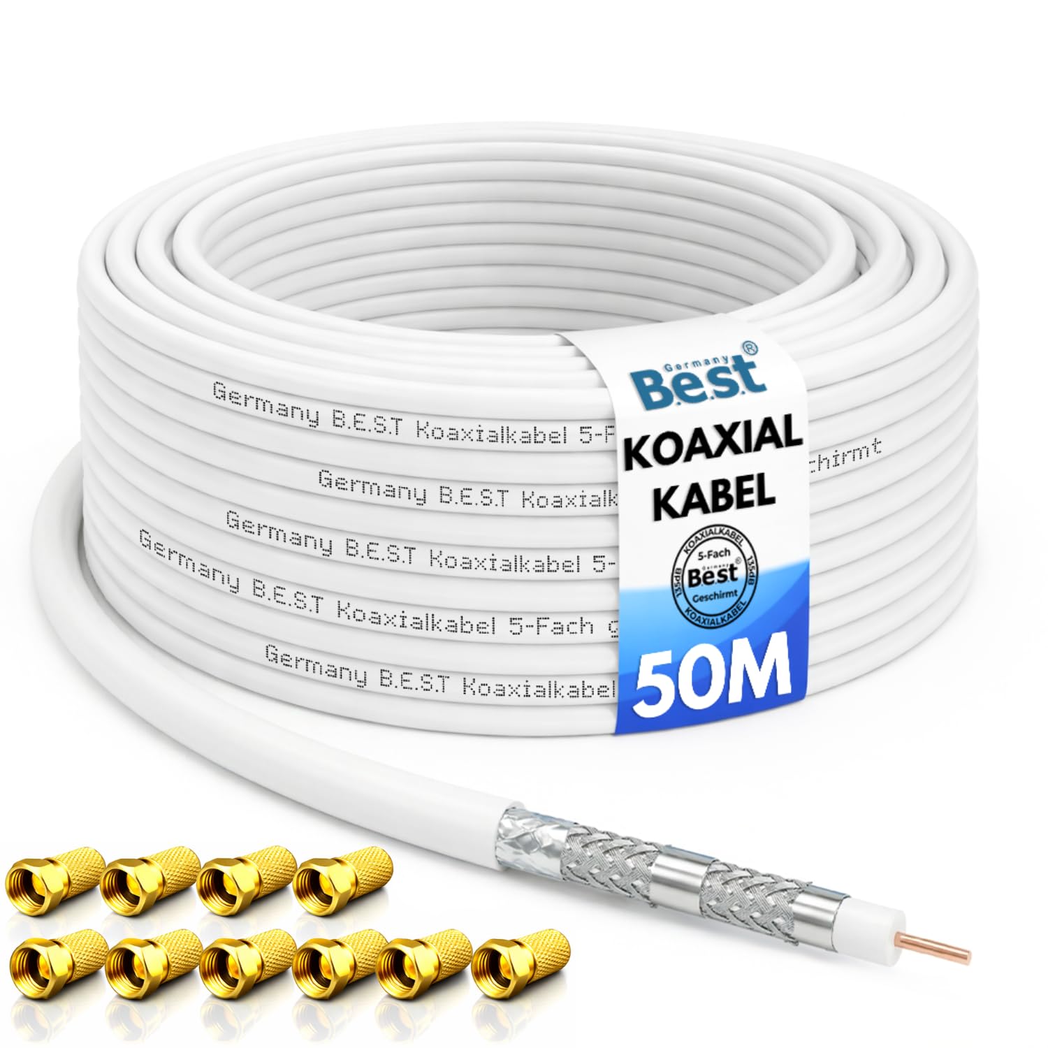 Germany B.e.s.t Cavo coassiale da 50 m | 4K Ultra HD | Classe A+ | Impianti DVB-S/S2 DVB-C DVB-T BK | 5 schermati | 135 dB | Cavo antenna | Cavo coassiale | 10 connettori F