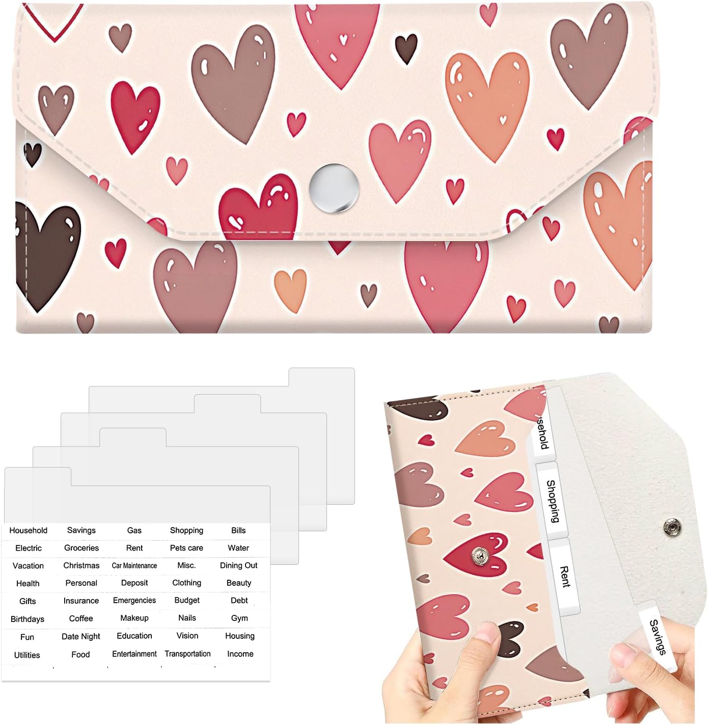 Cash Envelope Wallet for Budgeting, PU Leather Cute Cash Pouch with 4 Cash Dividers & 1 Category Stickers, Reusable Money Holder for Men and Women Colorful Heart Scatter