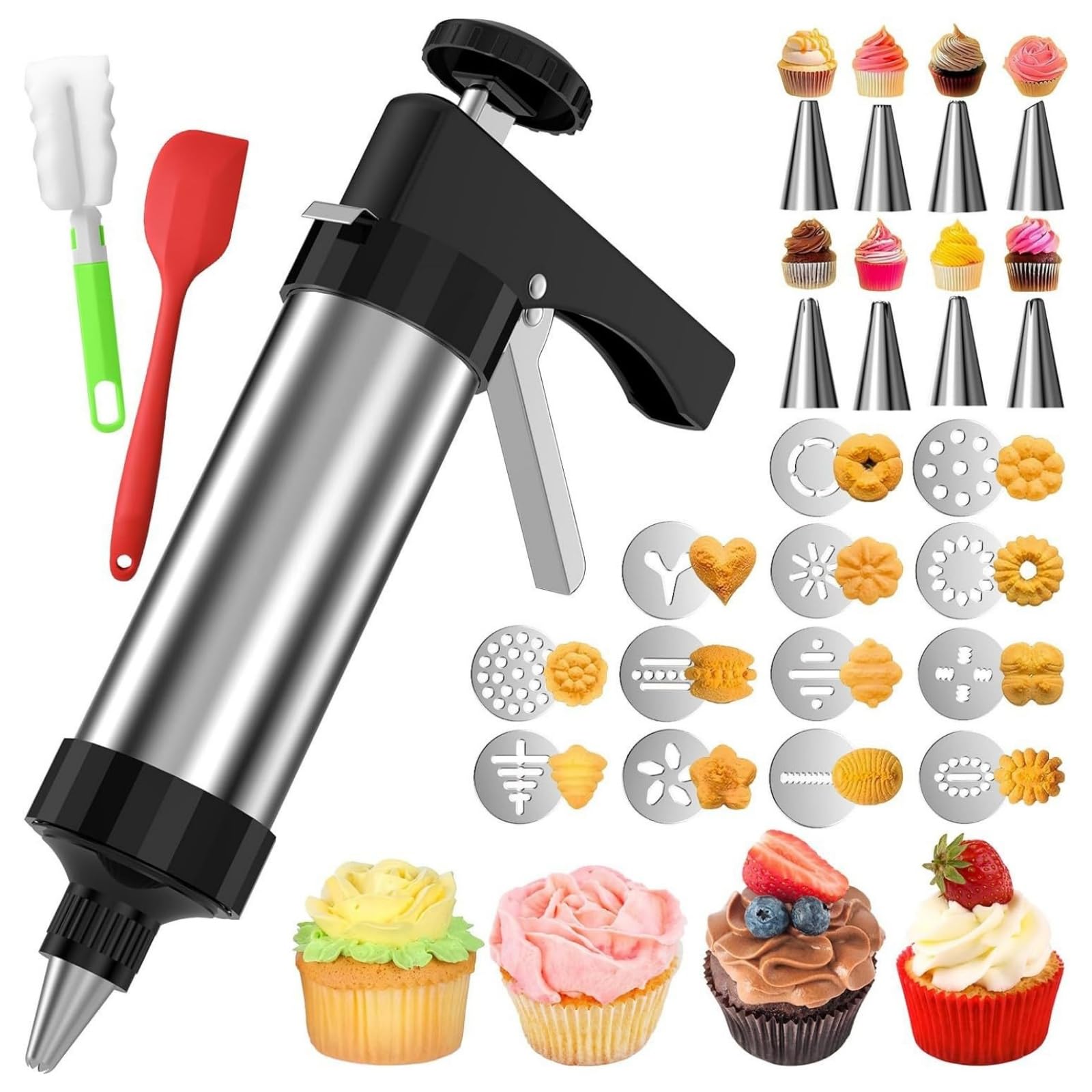 1 presse à pâtisserie professionnelle en acier inoxydable et seringue à garnir, 13 pochoirs, 8 douilles (seringue à pâte en acier inoxydable, seringue à pâtisserie en acier inoxydable,