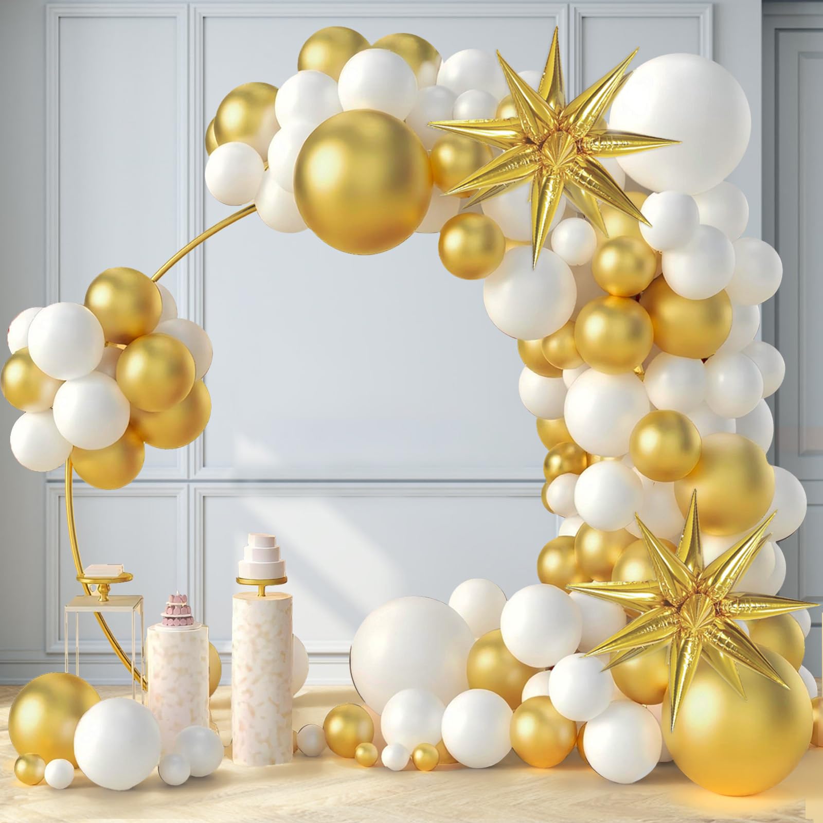 White & Gold Balloon Garland Kit - 200 Piece Set With Stars For Wedding, Birthday & Party Decor