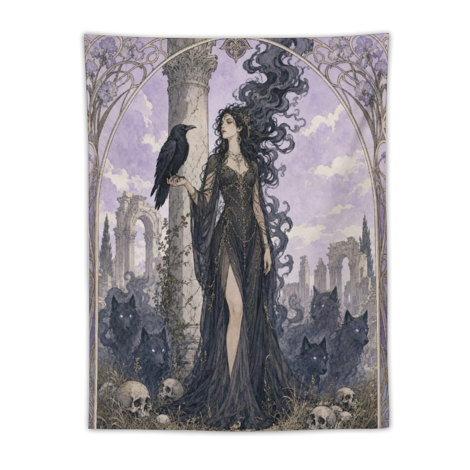 W7C8U2X3 Raven Witch in Graveyard Wall Tapestry, Dark Fantasy