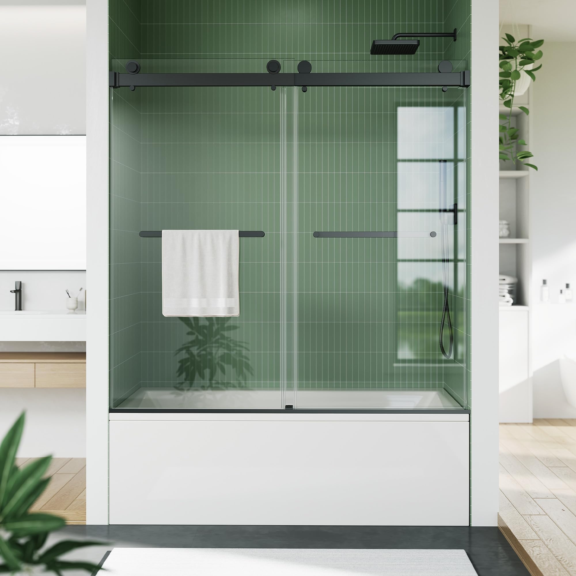 Sliding Shower Door, 60 inch W×59 inch H Glass Shower Door with Stainless Steel Frame, Double Sliding Panels, Matte Black Finish, Fits Bathtub and Bathroom