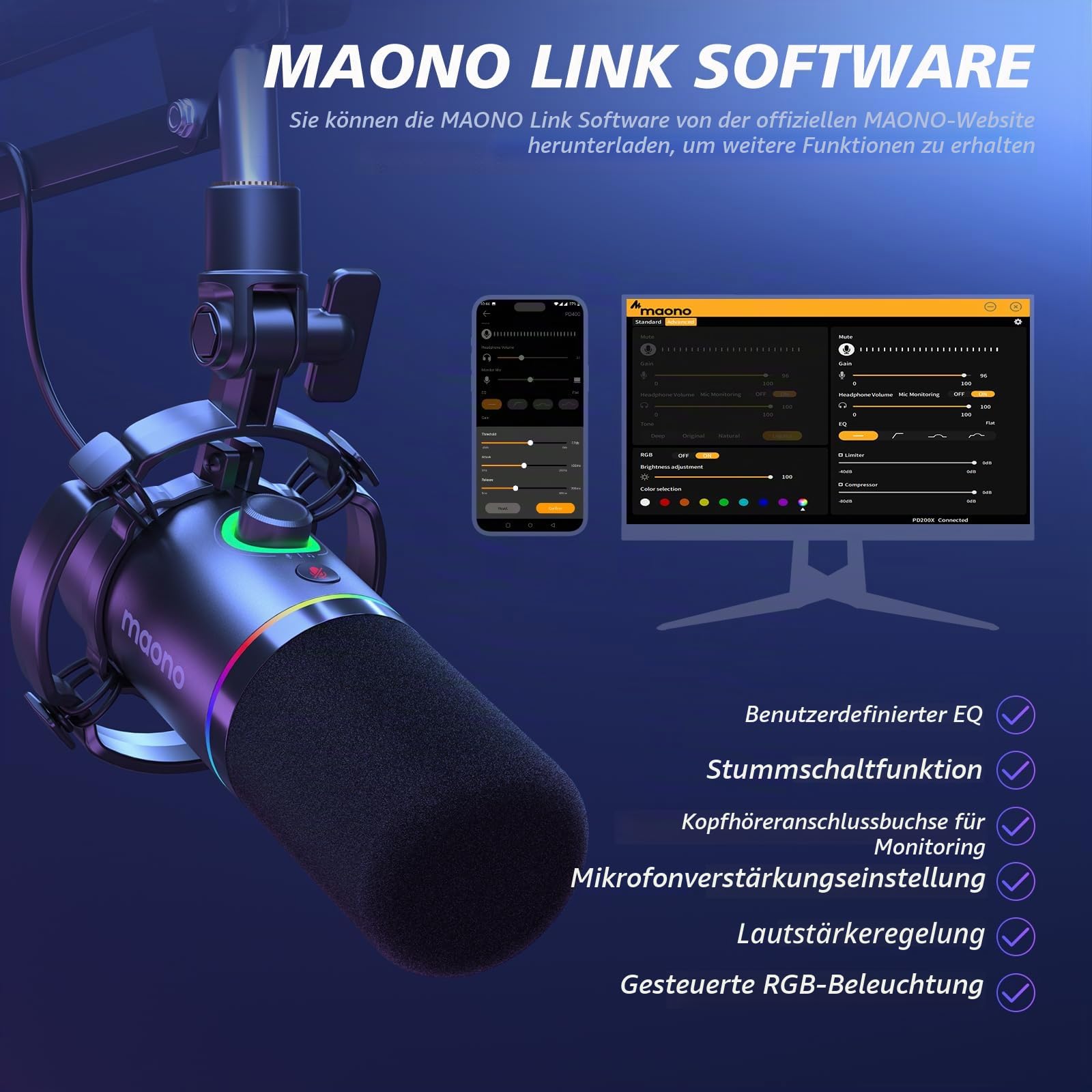 MAONO XLR/USB Dynamisches Mikrofon Set, RGB Podcast Mikrofon mit Arm, Software, Stummschalttaste, Gain-Regler, für PC Gaming, Streaming, Aufnahme, PS4/5 Mac Mixer usw PD200XS Schwarz