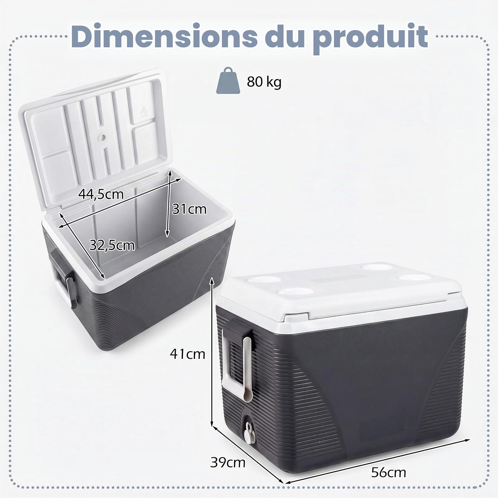 LIFEZEAL Glaciere Rigide Portable 41L, Glacière de Camping avec Isolation Thermique 5-7 Jours, Boîte Réfrigérante avec 4 Porte-Gobelets et Bouchon Vidange, Idéal pour Pique-Nique, Pêche, Voyage