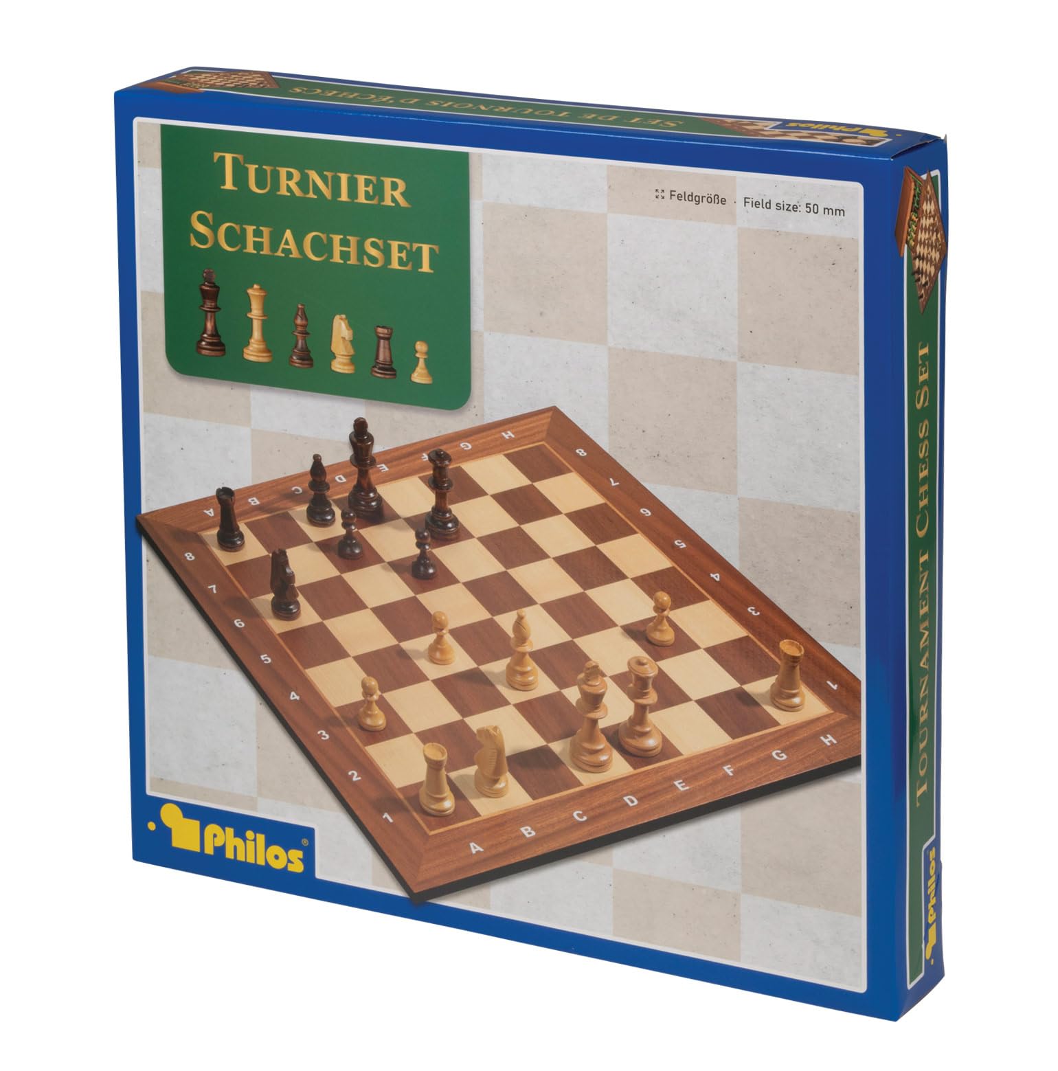Philos 2503 - Schach, Schachspiel, Turnierschachset mit Schachbrett und Schachfiguren in Figurenbox, Feld 50mm, Königshöhe 90mm, Holz