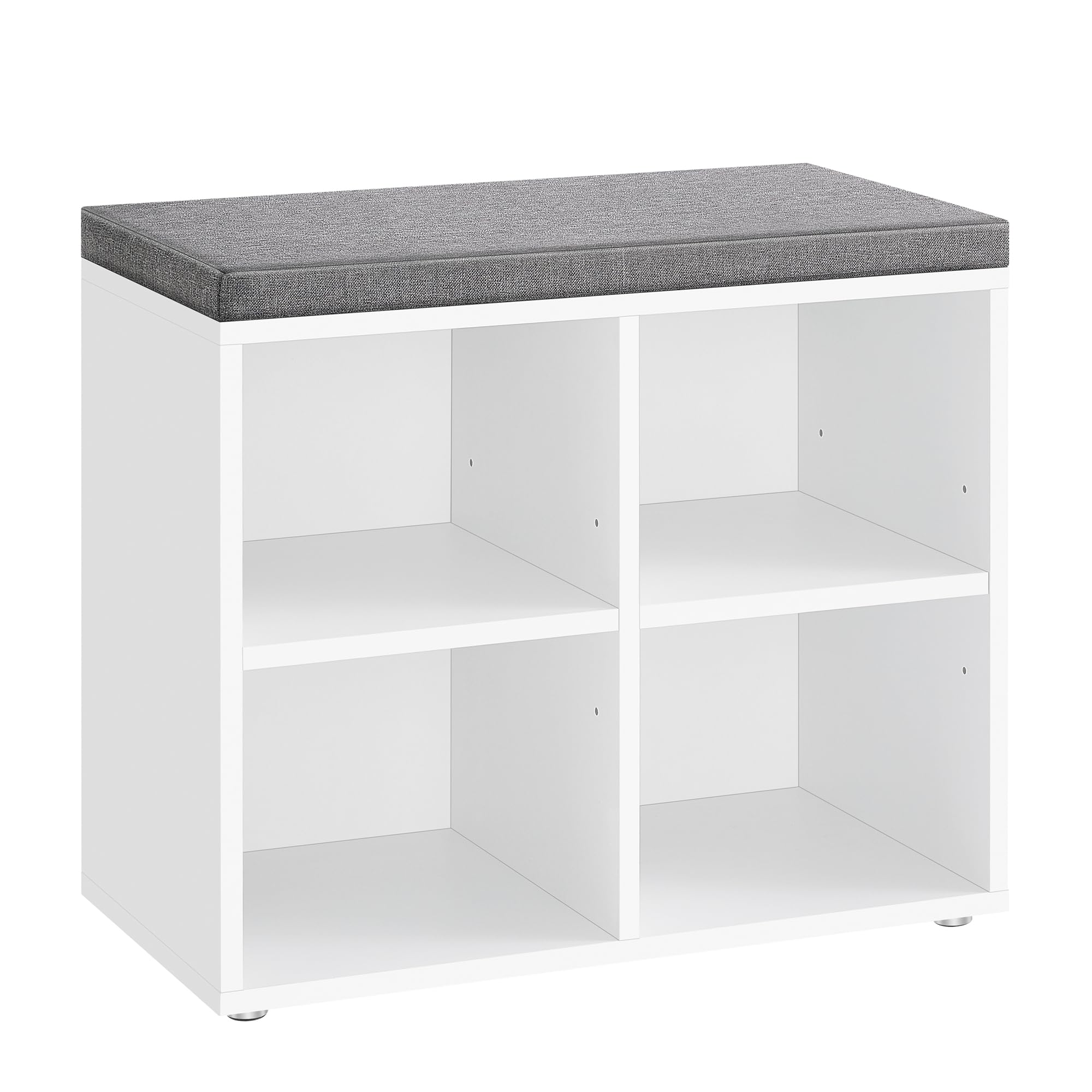 VASAGLE Schuhbank, Schuhregal mit Sitzfläche, Sitzbank mit Stauraum, Kissen, 4 Fächer, verstellbare Ablagen, für Wohnzimmer, Flur, 30,5 x 59,6 x 48 cm, wolkenweiß-Taubengrau LHS234W01