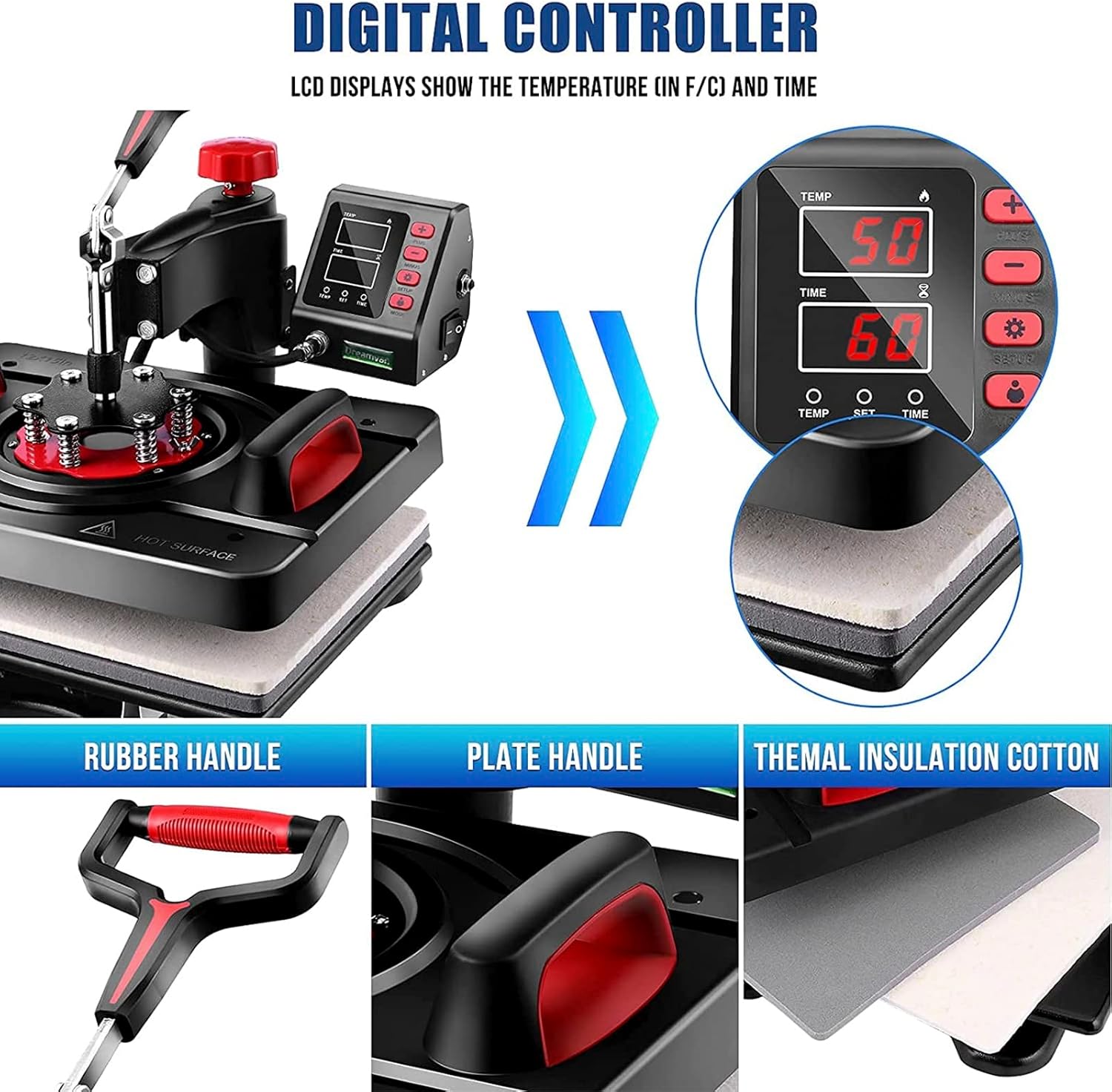 Close-up view of the digital control panel, rubber handle, plate handle, and thermal insulation cotton of the heat press machine.