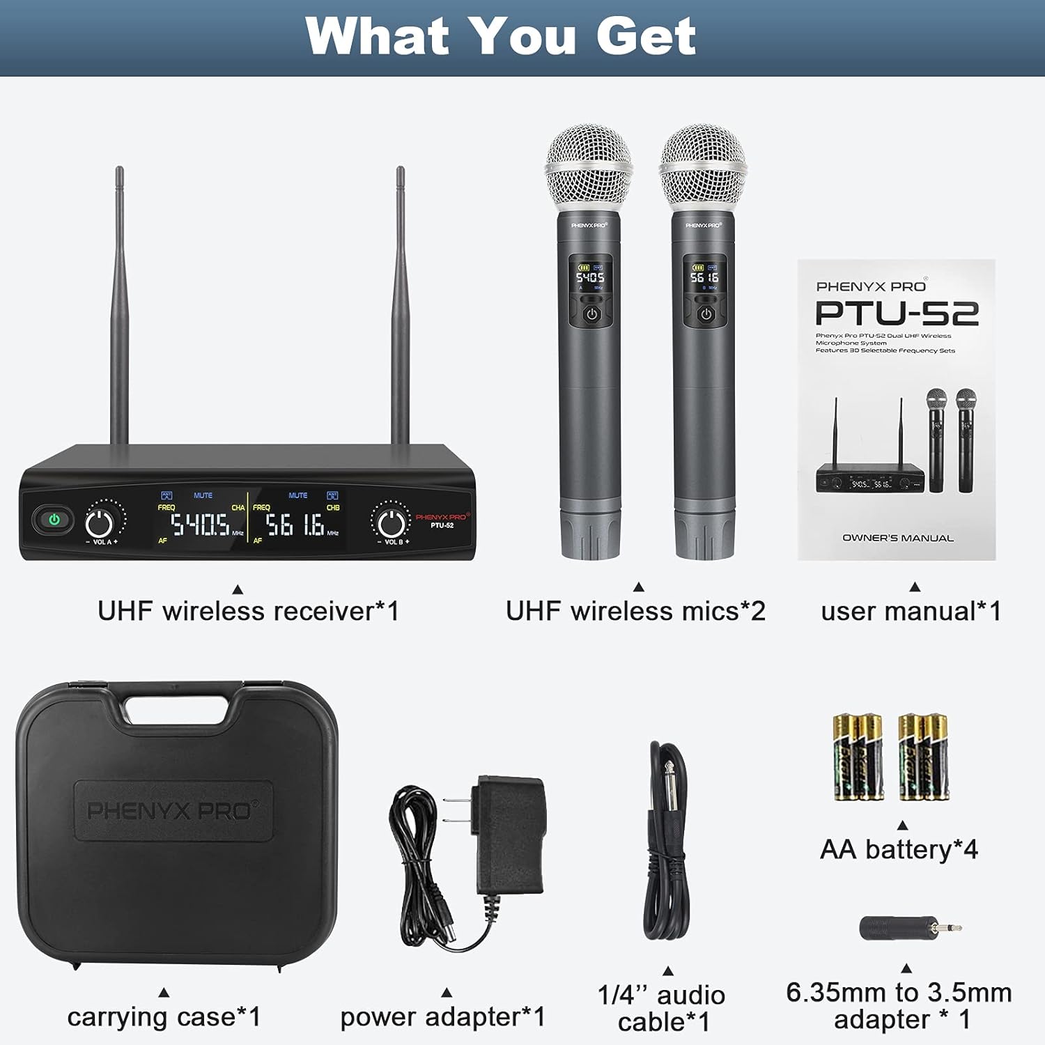 Phenyx Pro UHF Wireless Handheld Microphone System, 30 Adjustable Frequencies Cordless Mic Sets with Case, All Metal Build, 200ft Coverage, Ideal for Home Karaoke, Weddings, DJ, Church (PTU-52) : Musical Instruments