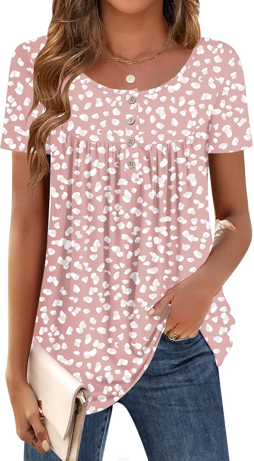 Zeagoo Women Tunic Tops Dressy Casual Summer Short Sleeve Shirts Floral Loose Fit Pleated Boho Top S-XXL