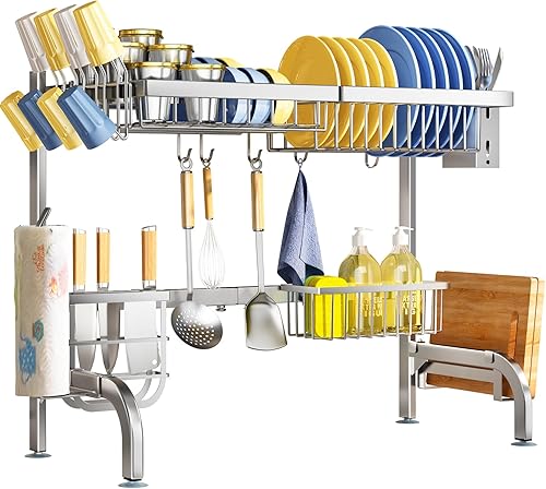 Miniatura 7 de Escurridor de platos ajustable sobre el fregadero, acero inoxidable (25.5 a 33.5 pulgadas), 2 niveles para encimera de cocina con soporte para