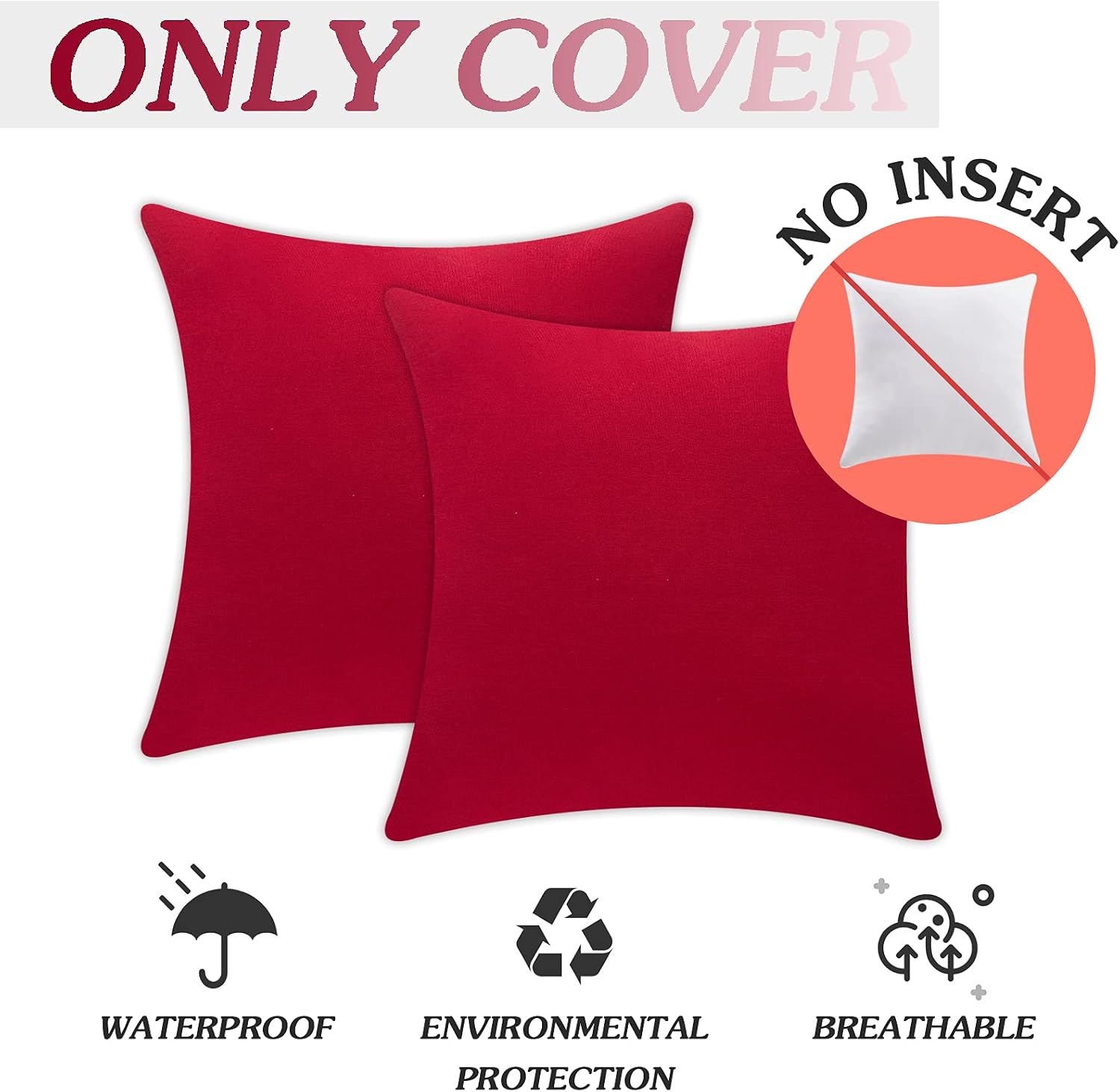 NEERYO Decorative Outdoor Waterproof Throw Pillow Covers Solid Cotton Linen Farmhouse Pillowcases for Garden Patio Tent Balcony Couch Sofa Set of 2 20" x 20" Red