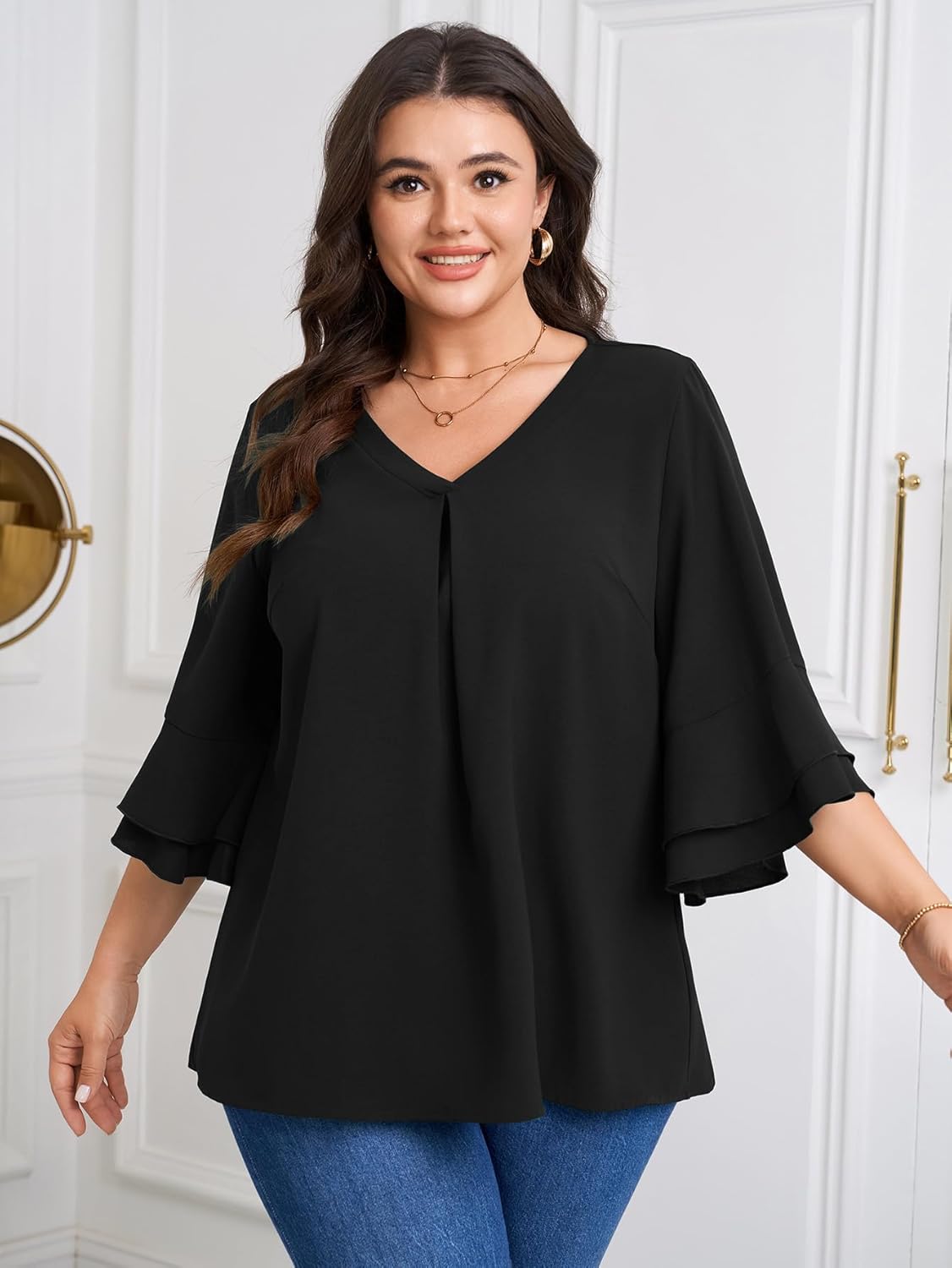 SCOMCHIC Plus Size Blouses for Women Dressy Casual 3/4 Tiered Bell Sleeve V Neck Elegant Shirts Work Tunic Tops - Image 3