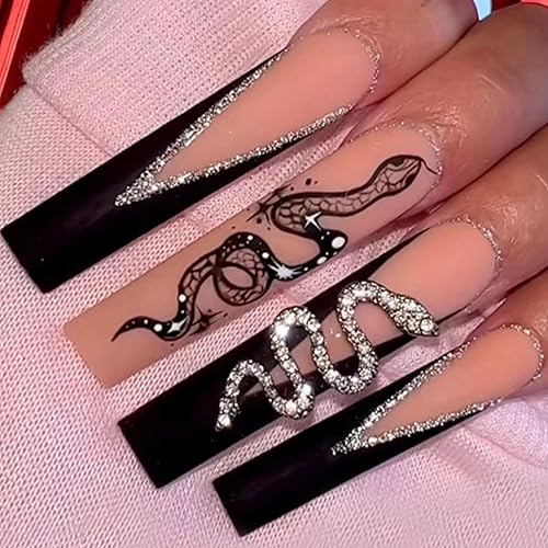 Miniatura 35 de Uñas Postizas Cuadradas Largas a Presión - TUZADNW Uñas Postizas Extra Largas a Presión con Diseño de Diamantes de Imitación, Uñas Acrílicas de 3D