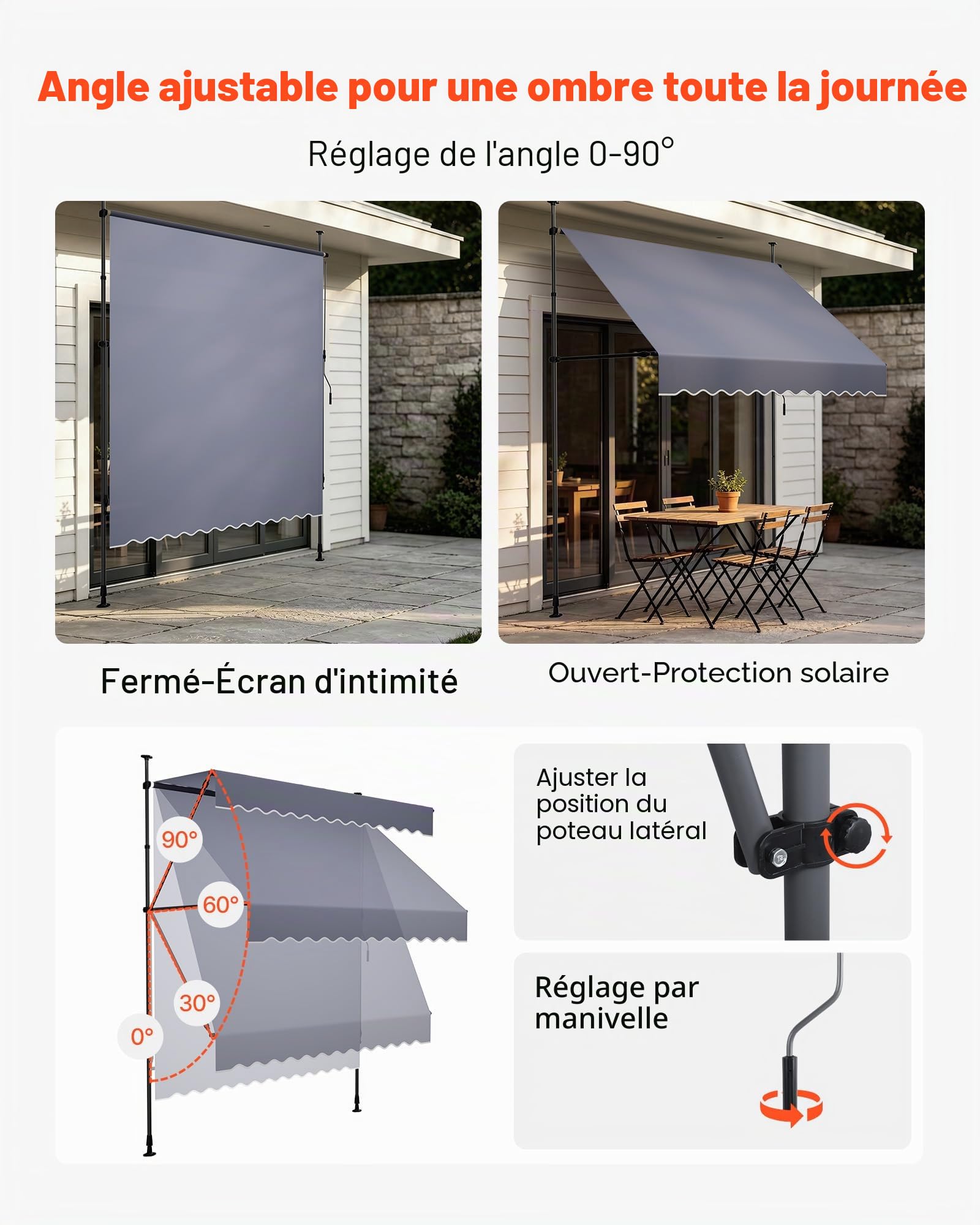 VEVOR Store Banne Manuel sans Perçage Auvent Rétractable 200 cm pour Terrasse et Balcon, avec Manivelle, Hauteur Réglable 210-310 cm, Barres Latérales Réglables 110-150 cm, Angle 0°-90°, Gris Foncé