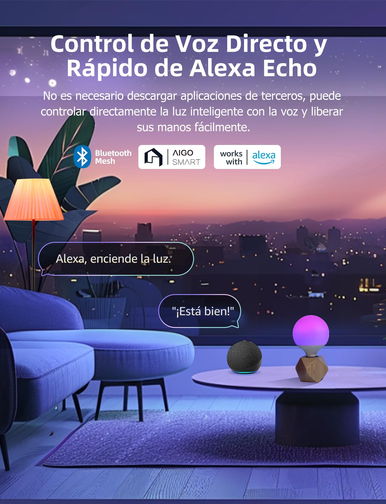 Aigostar Bombilla LED Inteligente E27 G120 Bluetooth Mesh Compatible con Alexa, 4.9W RGB Gradiente Bombilla Inteligente, Degradado de Color en Capas Superior e Inferior, Regulable Color y Blanco