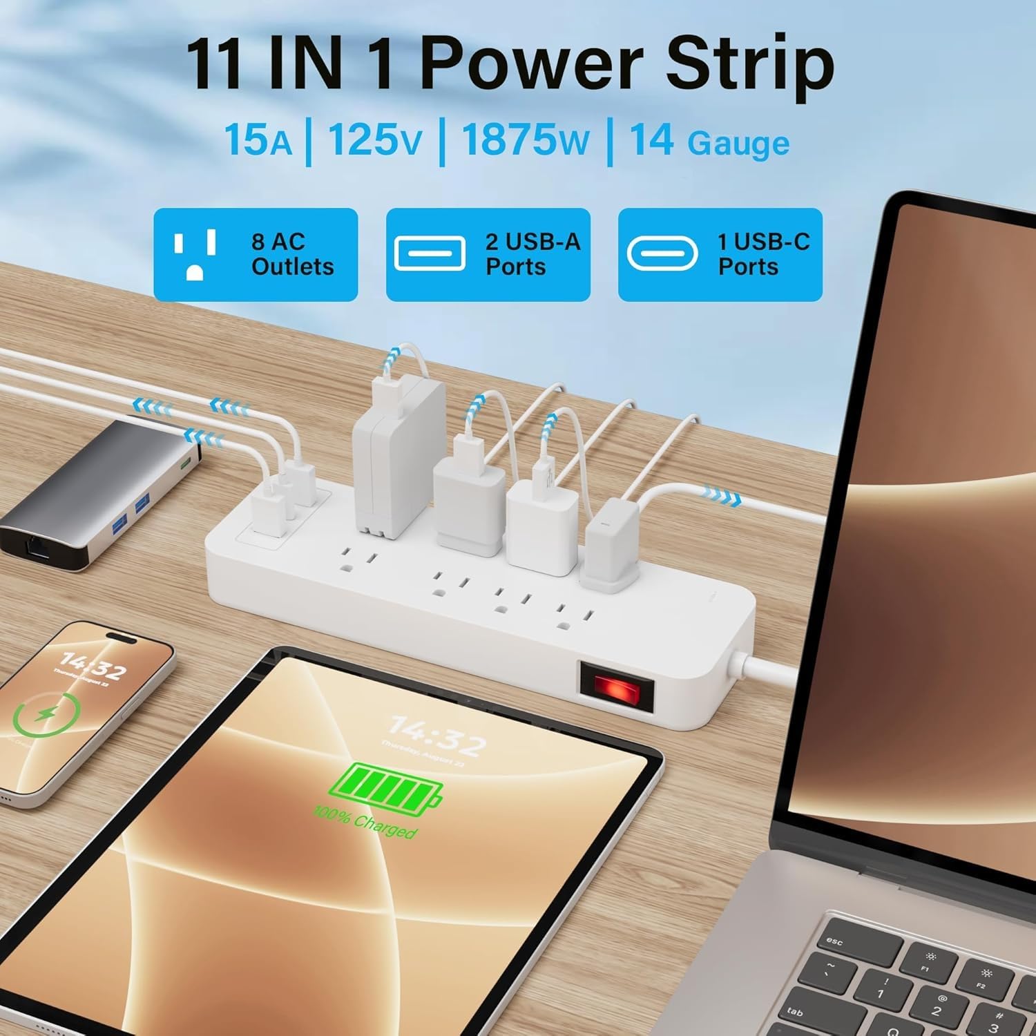 Elecan - Tira de alimentación con protector de sobretensiones de 4 pies, 8 salidas ampliamente espaciadas con 2 puertos USB-A y 1 USB-C PD de 20 W, enchufe plano para montaje en pared, extensor de
