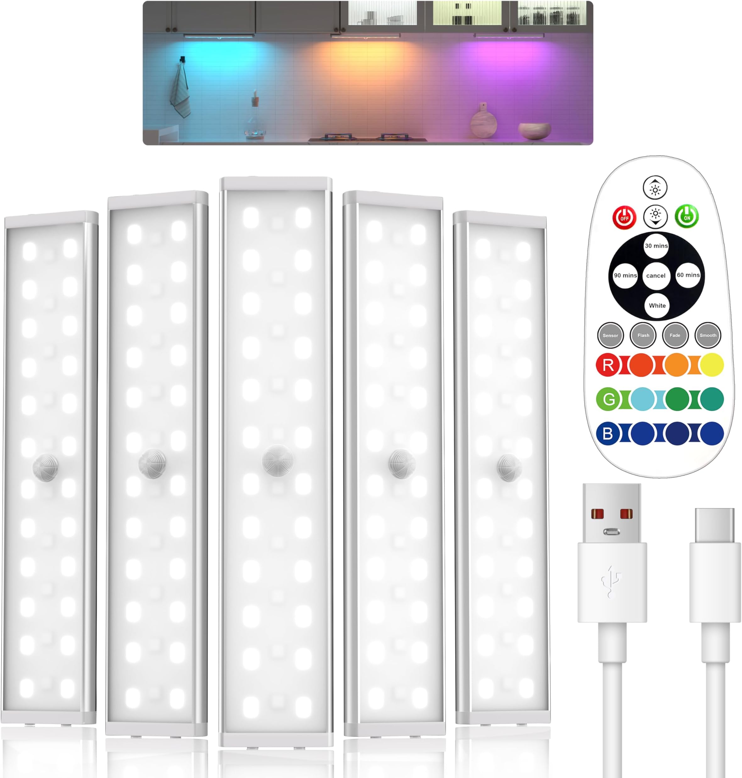 Under Cabinet Lighting,Rechargeable Motion Sensor Light Indoor Night Lights with Remote,58LED RGB under cabinet lights Bar,15Colors Wireless Under Counter Light Closet Lights for Kitchen,5pack