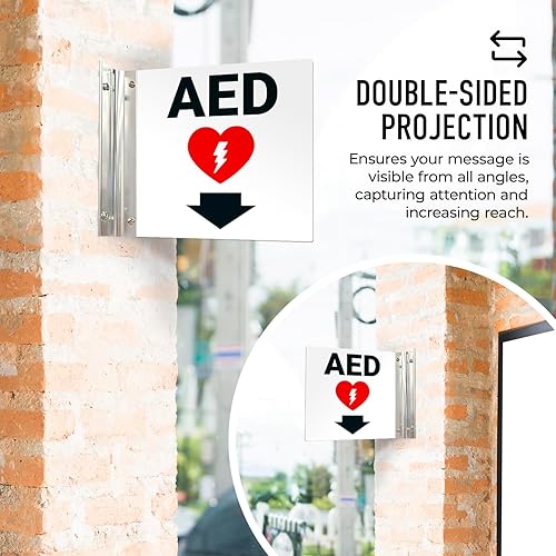 Miniatura 9 de Letrero de proyección AED, doble cara, 6x6 pulgadas, ACM, con accesorio negro satinado de níquel cepillado, fabricado en Estados Unidos