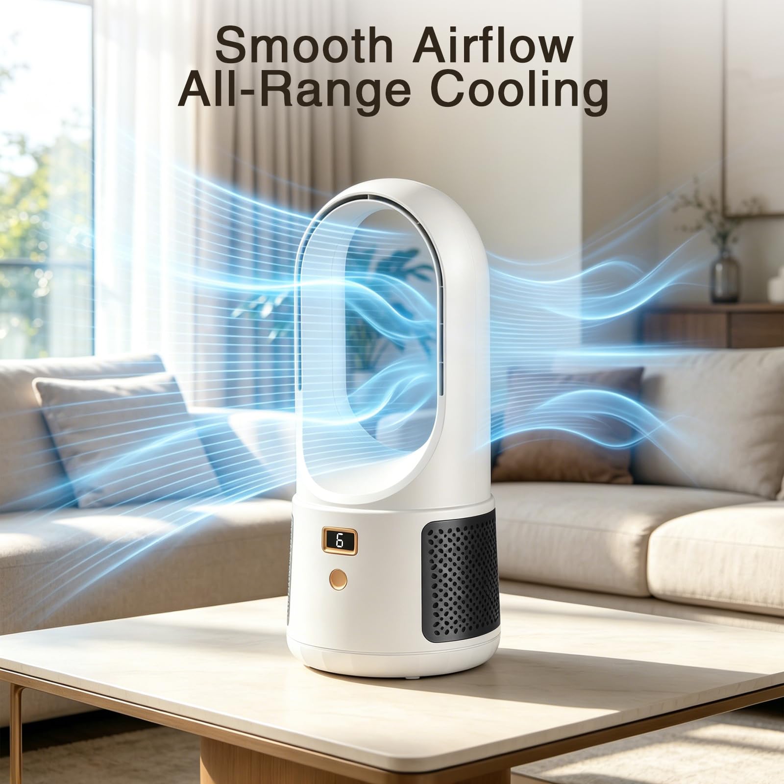 Ventilatore da tavolo senza pale - Ventilatore da scrivania silenzioso (bianco) | Display LED, 6 velocità, controllo touch, ventilatori senza pale per camera, ufficio, bambini e animali (bianco)