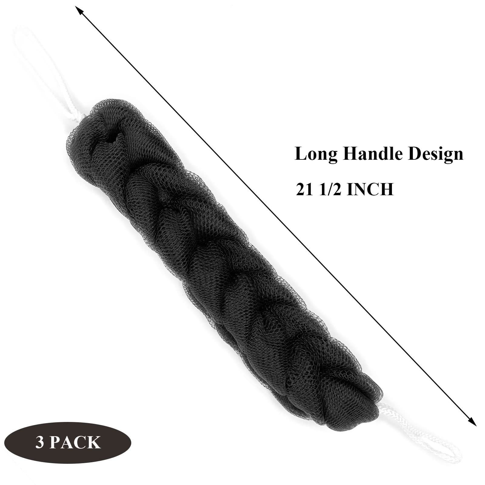 PPHAO - Paquete de 3 esponjas de carbón para ducha - Esponja larga de lufa para mujer - Esponja de baño - Esponja de lufa para la ducha exfoliante para hombres y mujeres - 21.5 pulgadas - Loofah negra
