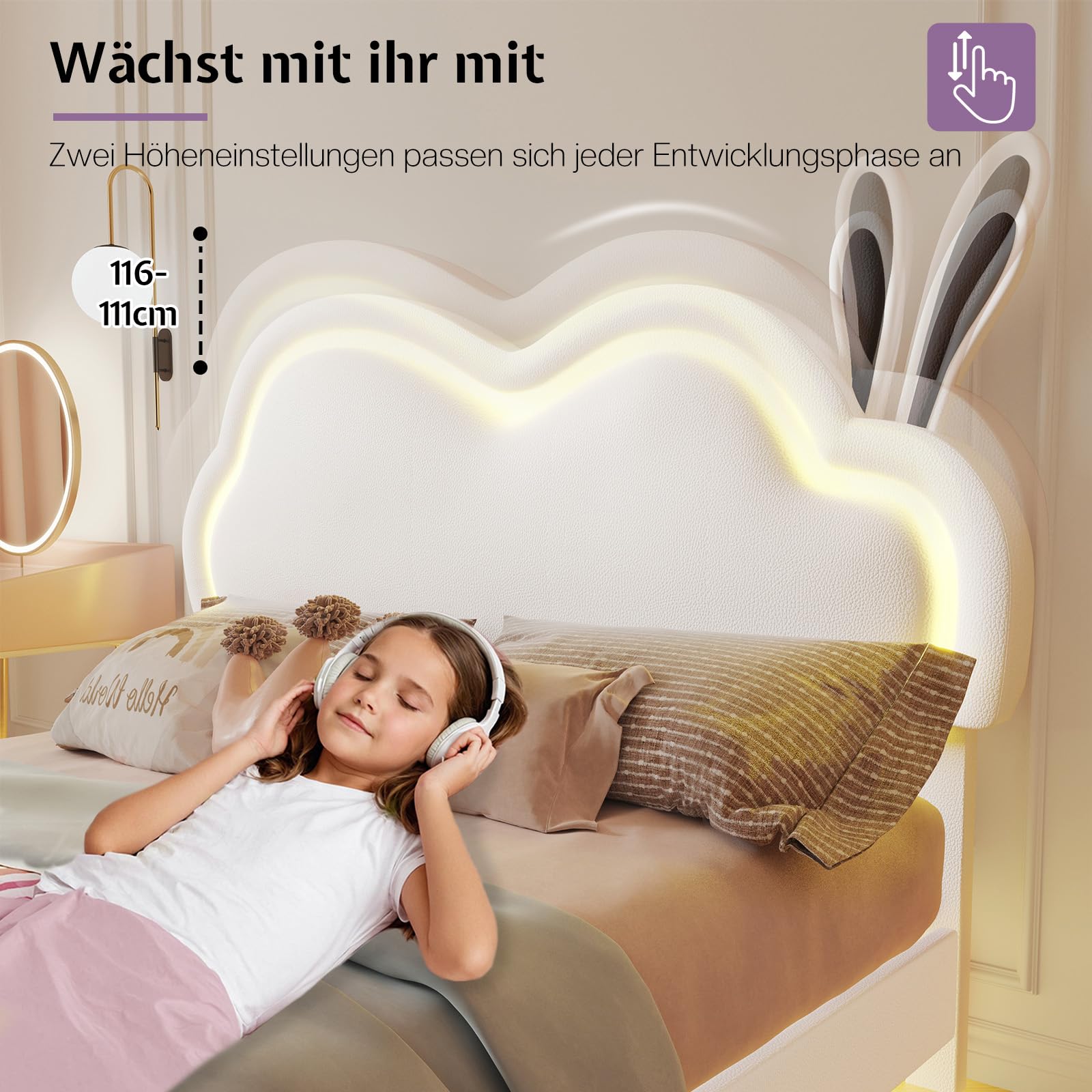 LUXOAK Hasen Kinderbett 140x200cm mit LED-Lichtern, Leder Polsterbett Weiß | Wolken-Kopfteil mit Hasenohren | höhenverstellbar + steuerbare LED | sicheres schwebendes Design | bis 360kg belastbar