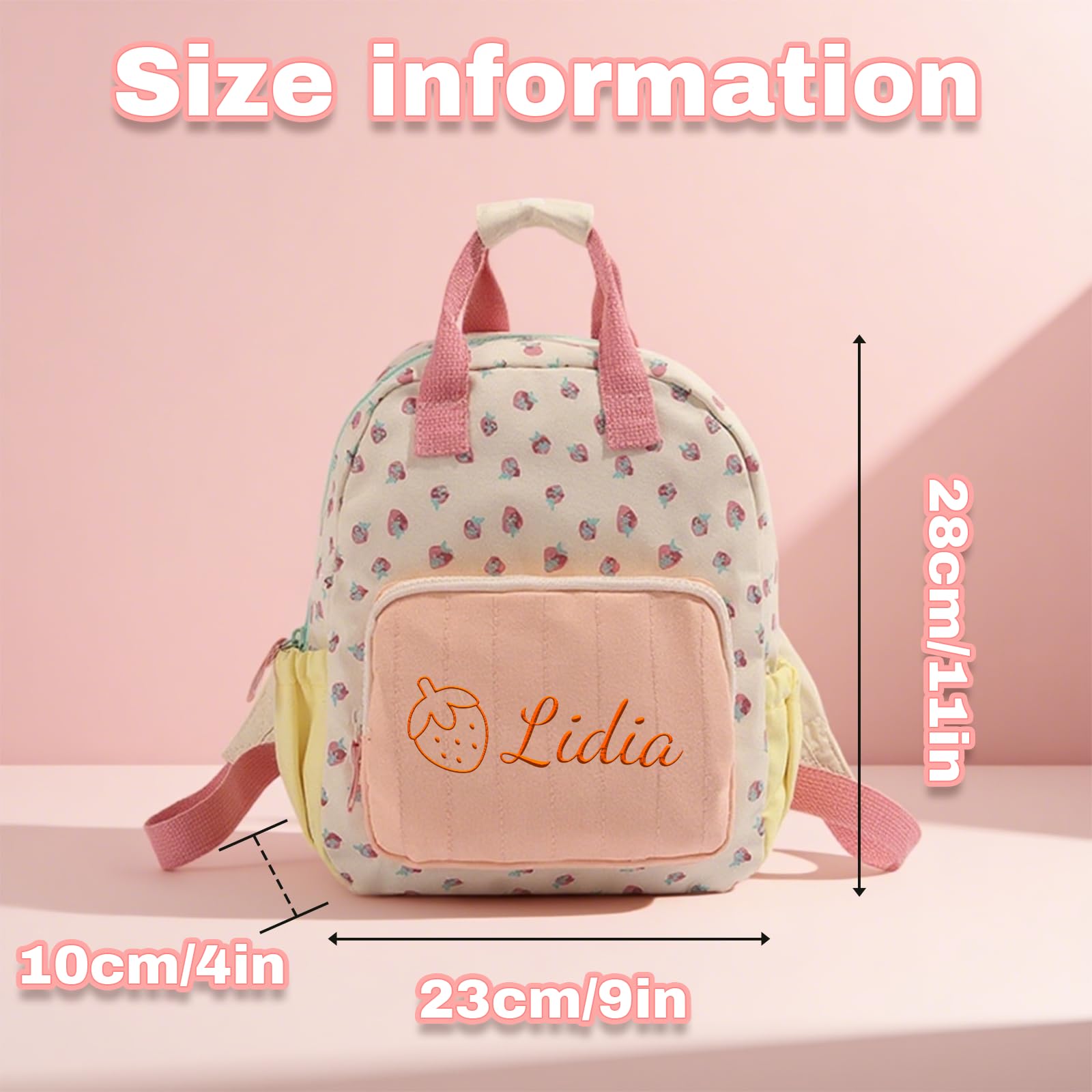 Generico Zainetto Bambina Personalizzato con Nome Ricamato, Mini Zaino Bambina 23x28cm, Zaino Personalizzato a Design Fragola per Bambine 2-5 Anni