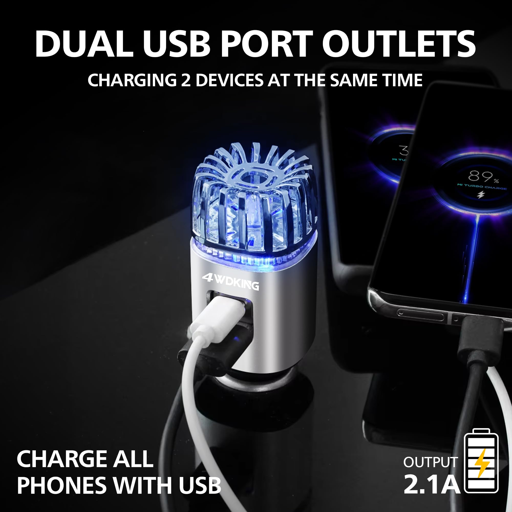 4WDKING Ionizador purificador de aire para coche, 12 V, ambientador de coche enchufable, con cargador USB doble, elimina el humo del cigarrillo, el olor de mascotas y alimentos, ozono iónico (plata)