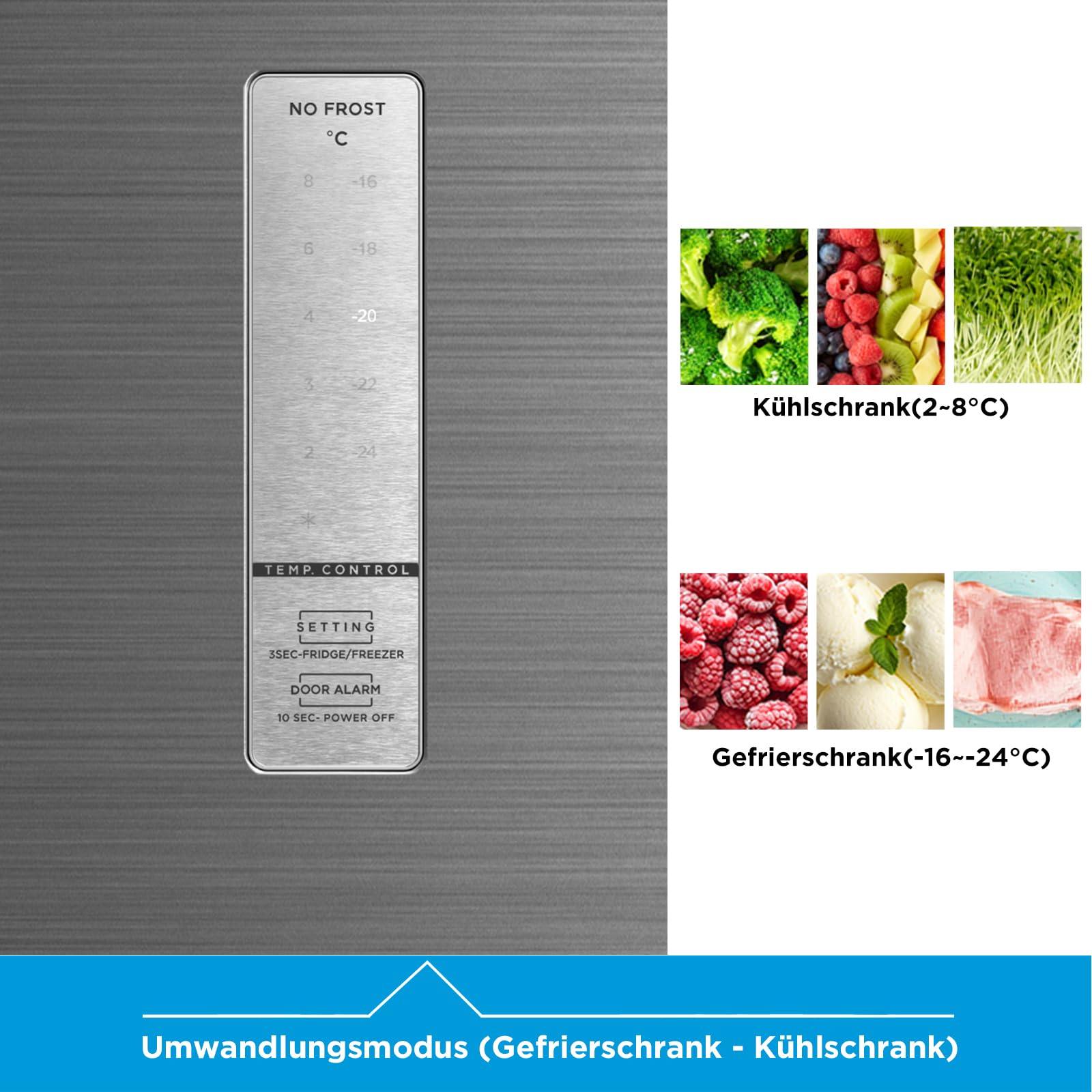 Midea MDRU385MTE46 zamrażarka/273 l/185 cm wysokości/NoFrost/elastyczna funkcja chłodzenia i zamrażarki/superchłodzenie/duże przegródki/zero Clearance/uchwyt Easy Open/wymienny ogranicznik