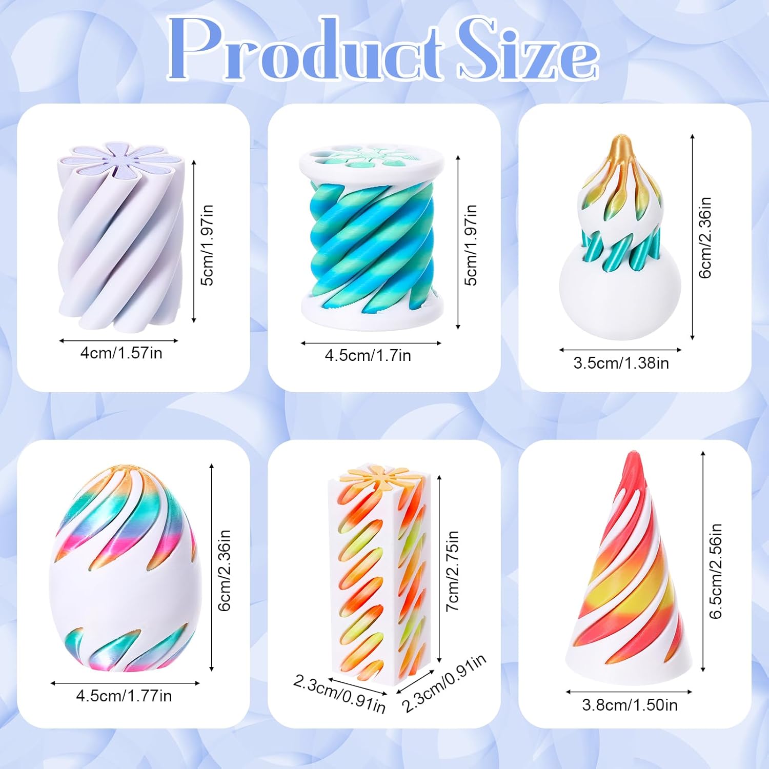 6 Pack Impossible Passthrough Fidget Toys 3D Printed Spiral Cone Fidget Toys Rainbow Gradient Colors with White Base for Adults