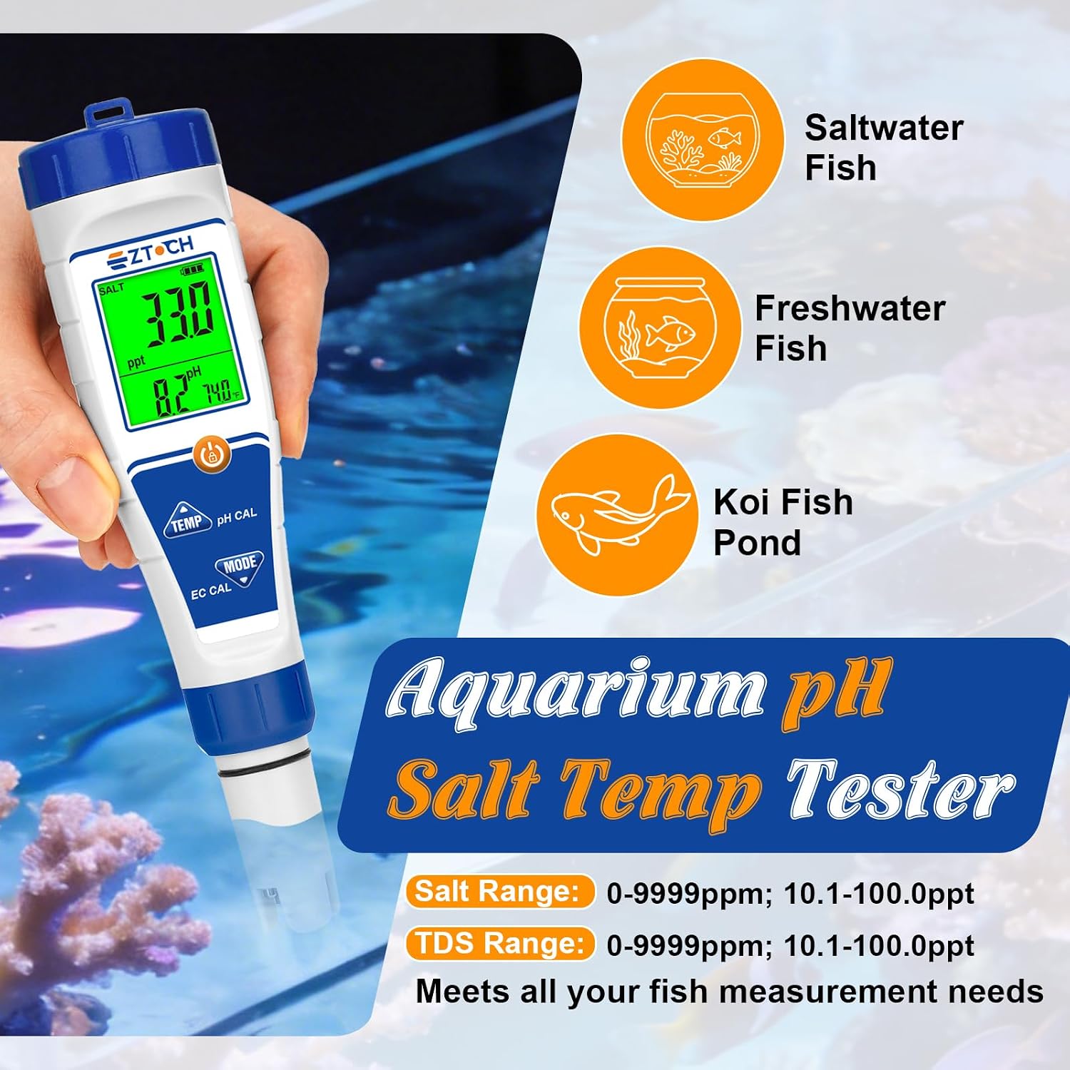 Digital Pool Chlorine Salt Tester, pH Salinity Meter for Pool Water | Salt Chlorine pH Tester, 7 in 1 pH ORP PPM EC Tester for Salt Water Pool, Spa, Hot Tub, Aquarium, Hydroponic