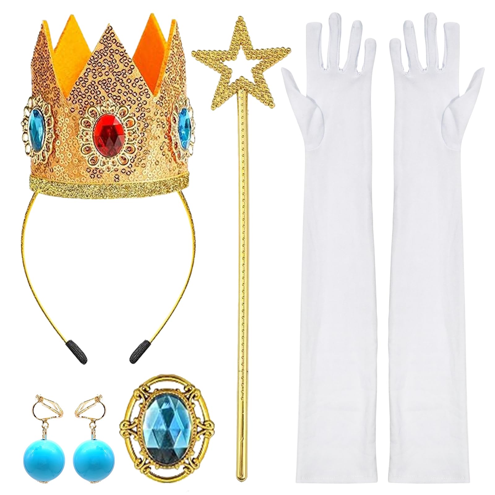 DRABPOI Princess Costume Accessories,5PCS Set of Princess Crown/Earrings/Gloves/Brooch/Wand for Girls Women Halloween Cosplay Party Dress Up