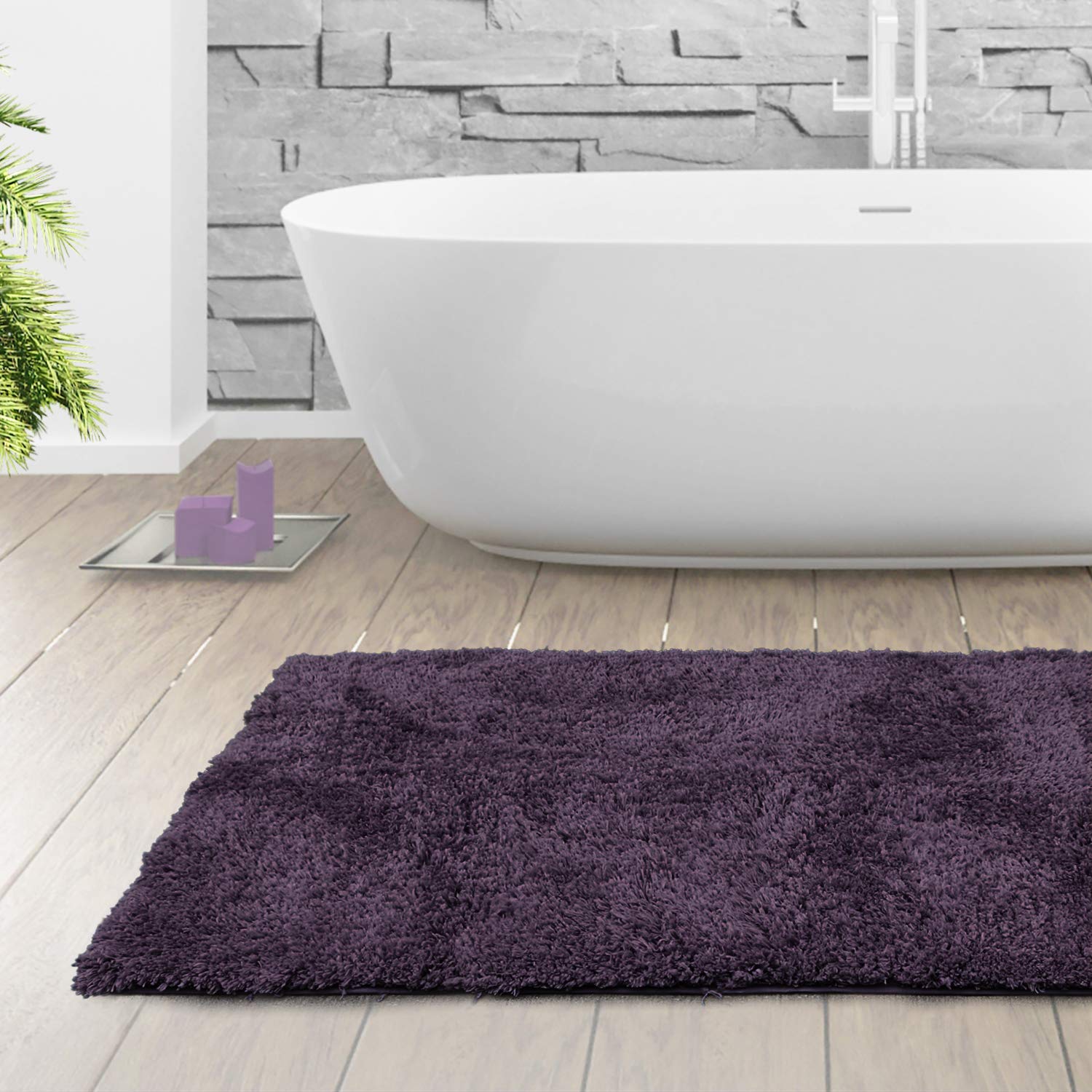 Clara Clark Banyo Halıları, Ultra Yumuşak Tüylü Banyo Halıları - Banyo için Banyo Paspası, Makinede Yıkama, Kaymaz Arka Kauçuk, 81 x 121 cm, Patlıcan Banyo Halısı Seti