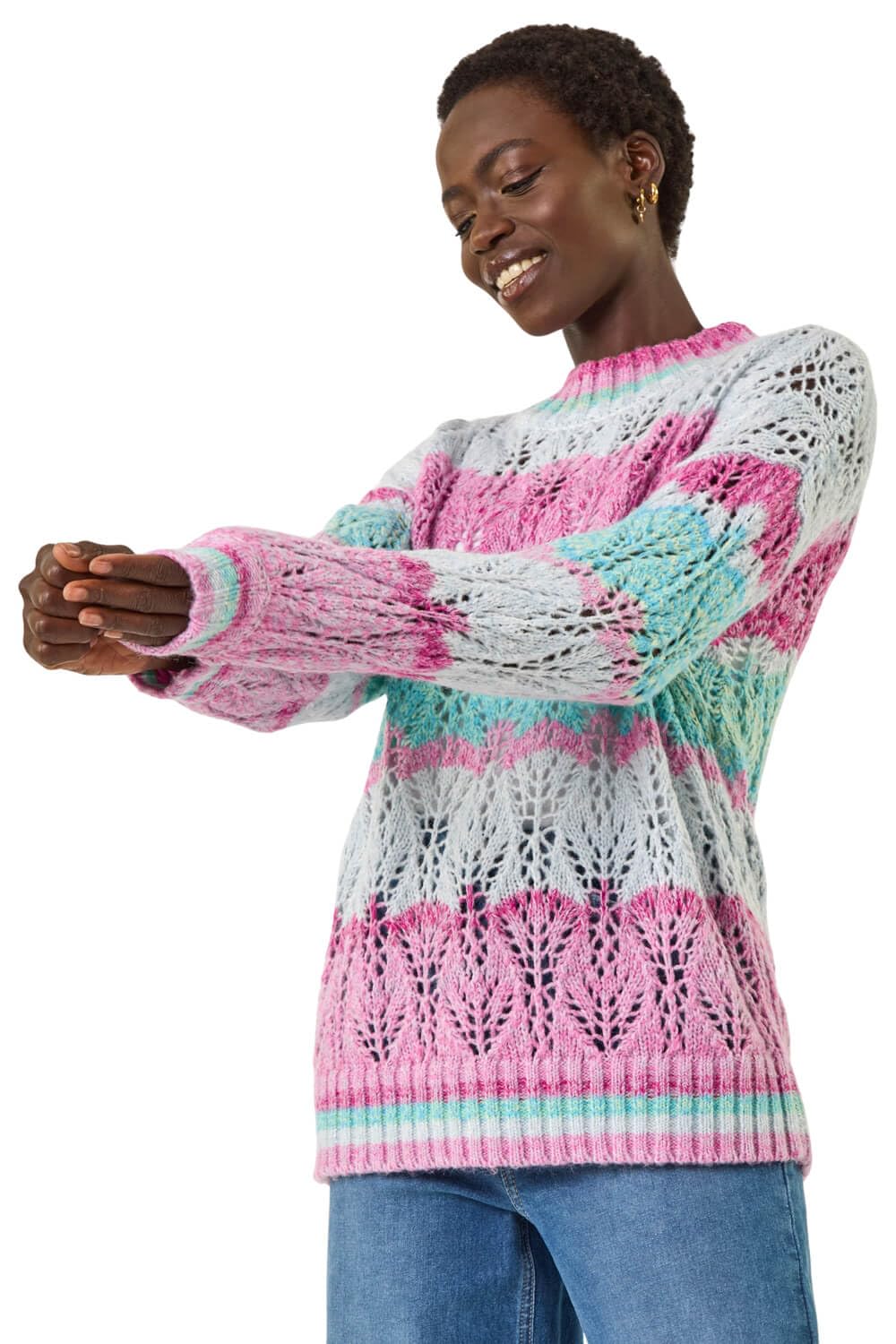 Roman Originals Women's Pink Ombre Stripe Knit Jumper For Uk - Everyday Autumn Winter High Neckline Comfy Soft Evening Vacation Work Party Night Out - Size 14