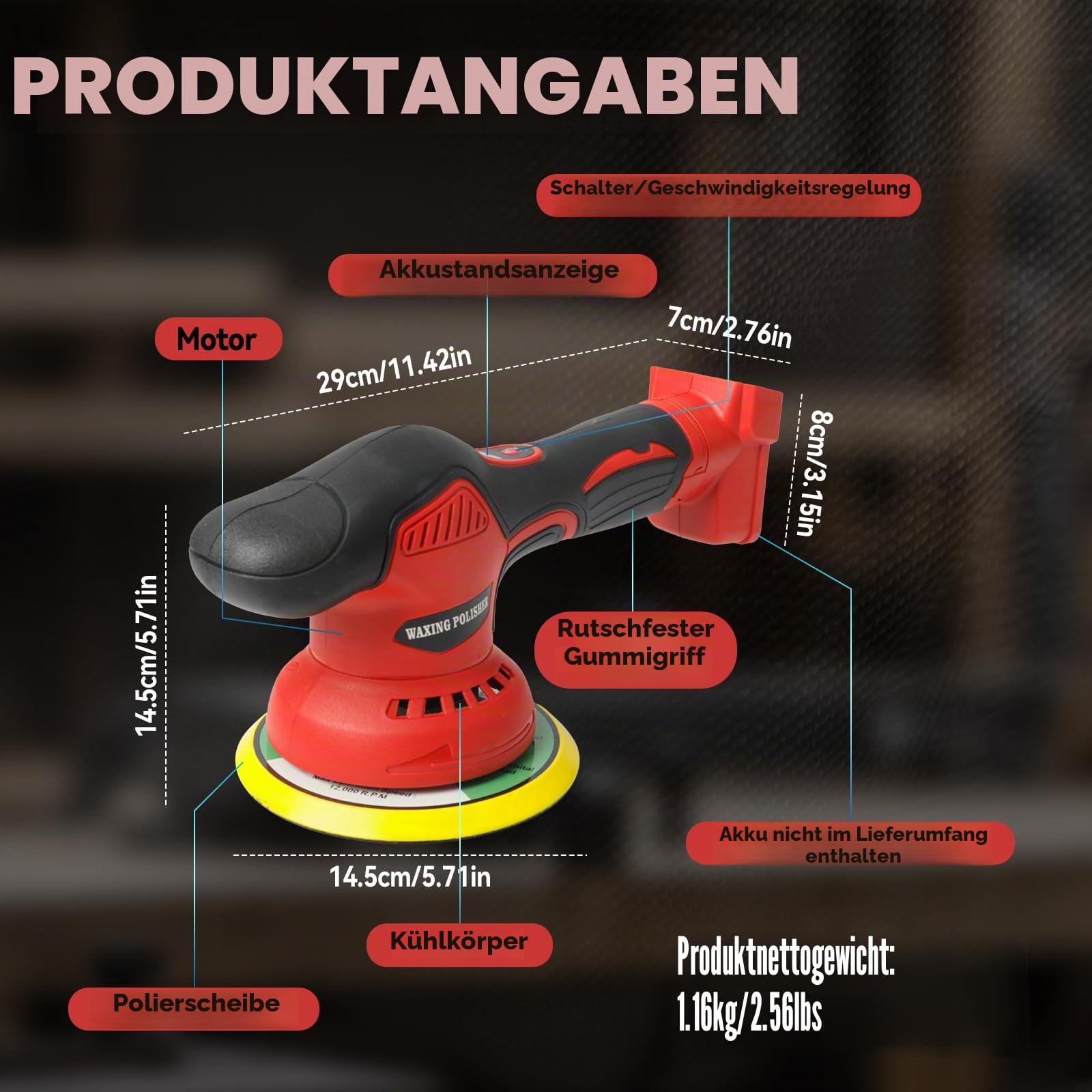 Kabelloser Autopufferpolierer Kompatibel mit Milwaukee 18V Batterie, 8 variable Geschwindigkeiten Autopolierer, 6 Zoll Orbital Puffer Waxer Kit für Auto Detaillieren Wachsen Polieren (Red)