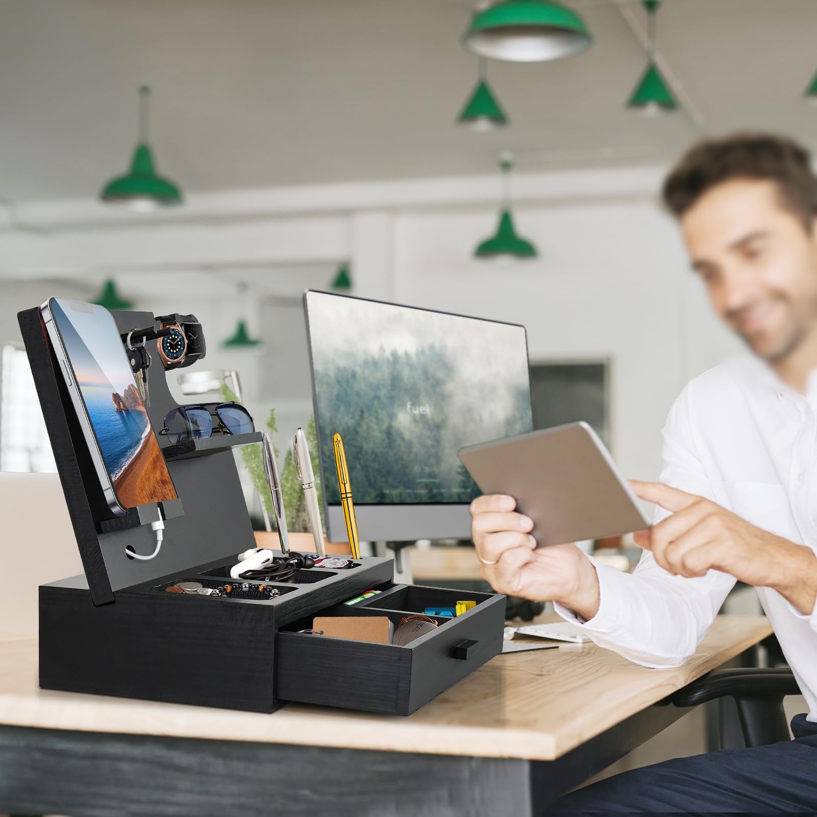 Megsooul Wood Phone Docking Station, Nightstand Organizer, Cell Phone Stand for Desk with Drawer, Men's Gifts, Watch, Keys, Cellphone, Wallet, Birthday Gifts for Dad