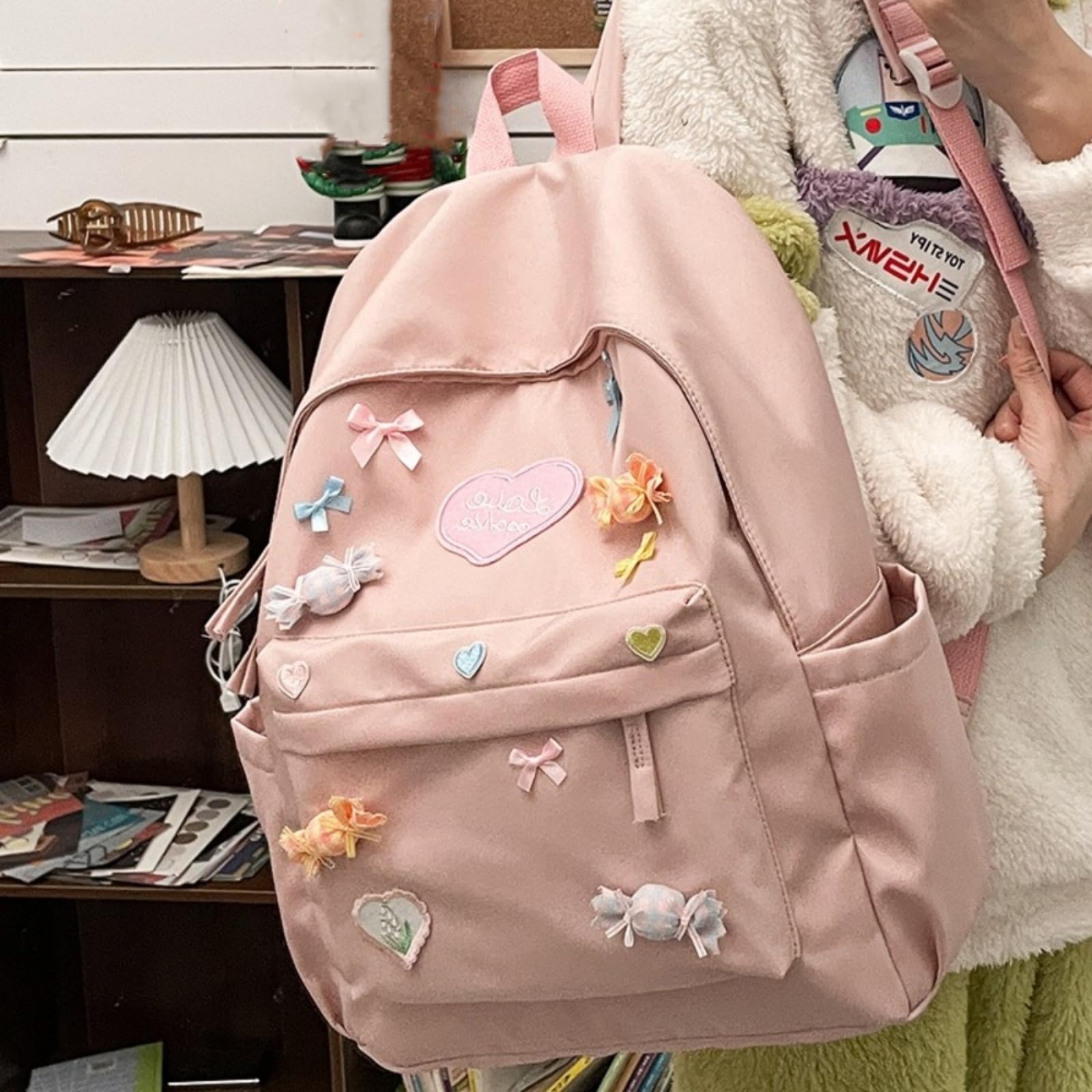 Zaino Carino in Nylon dell'Arco di Caramelle, Borsa Scolastica Grande capacità Stile Collegio Dolce per L'uso Viaggio delle Ragazze-Pink