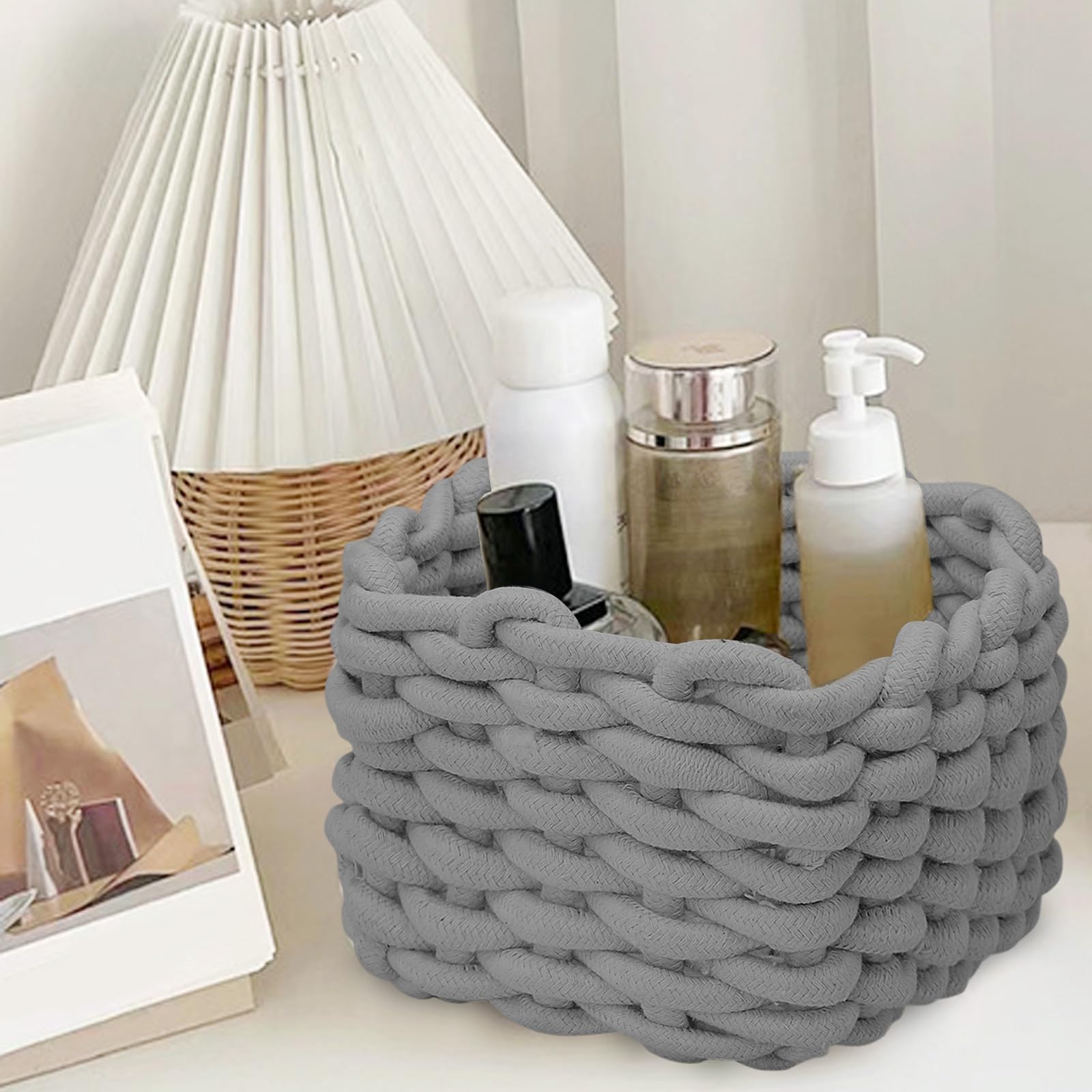 Cestas Almacenaje Gris, Pequeña Cestas Organizadoras Baño, Caja Organizadora en Mesa para Cocina y Dormitorio