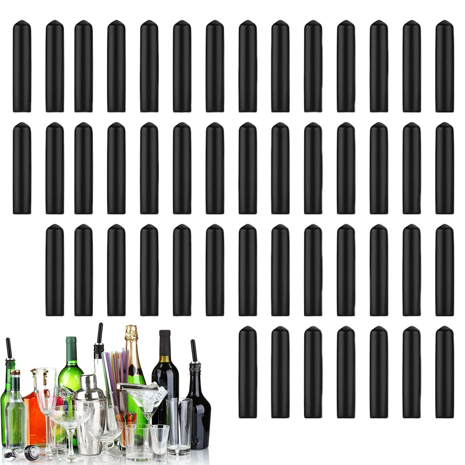 Tapones de goma universales y 48 boquillas negras para botellas de aceite o vino