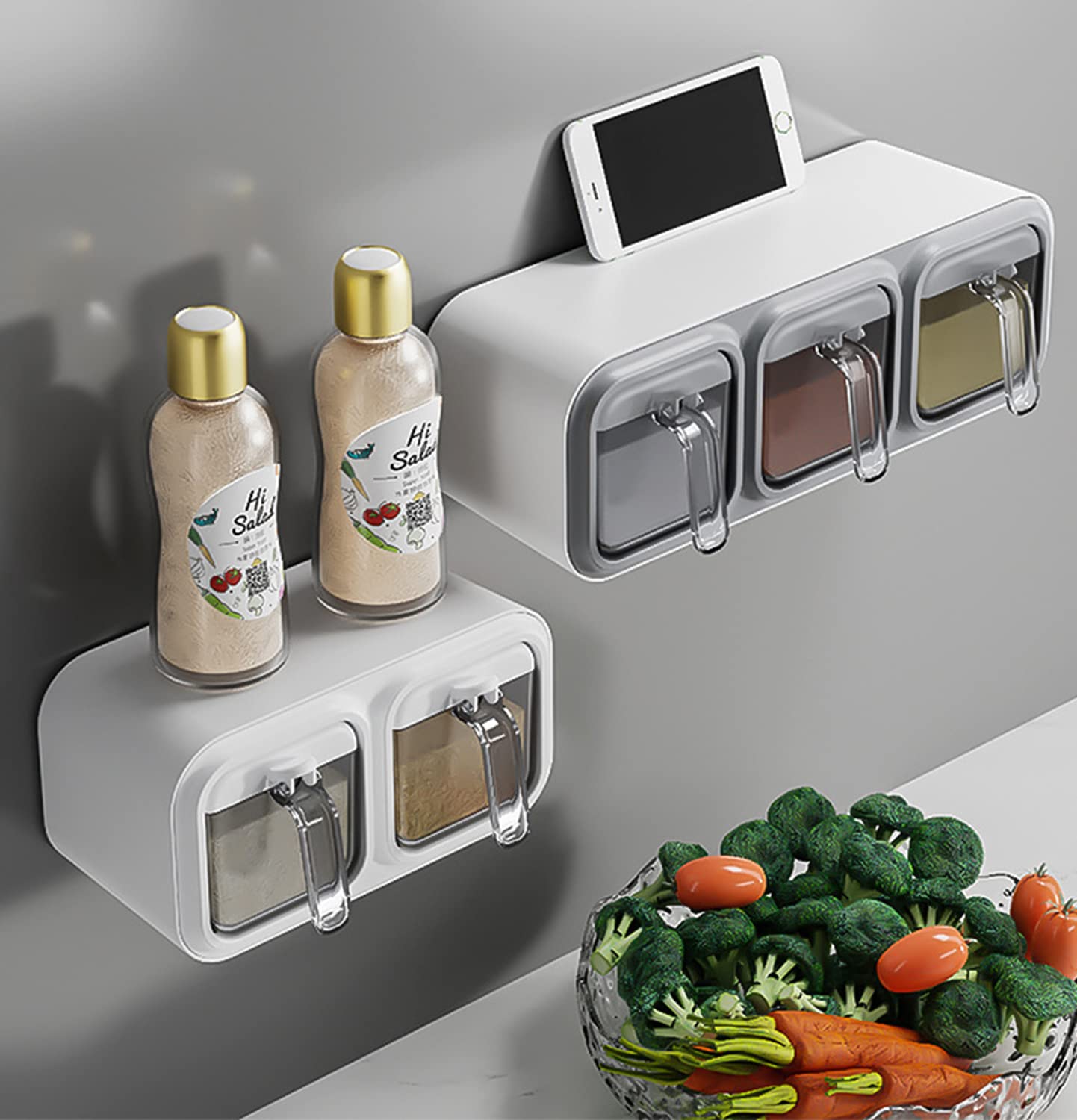 Triangle Wall Mounted Spice Jars with Handle, Cover & Spoon, Moistureproof Seasoning Box, Stackable Spice Organizer, Spice Tin, Dressing & Spice Dispenser Storage Container (2 Grid, White)