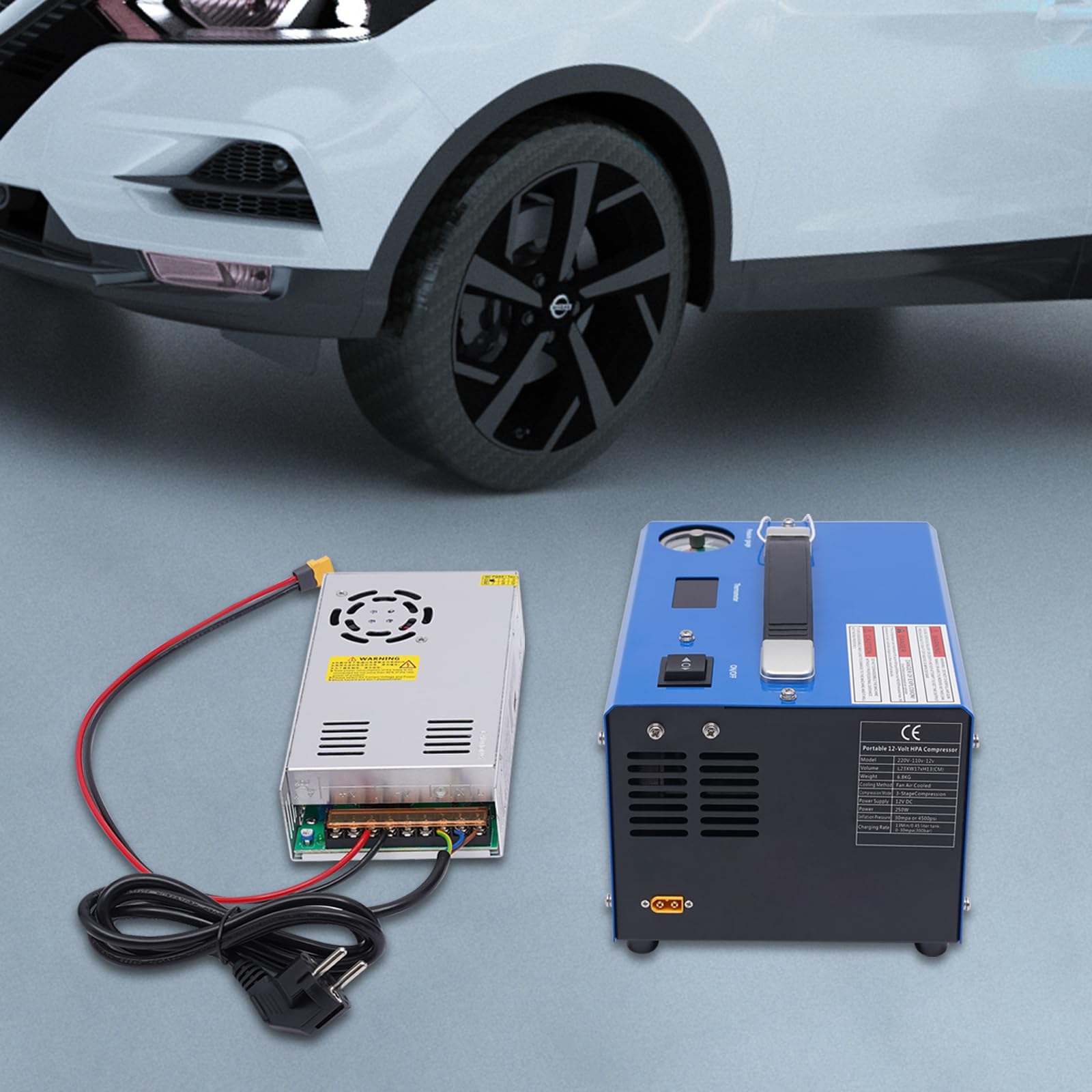 Sprężarka powietrza PCP, 250 W, cicha sprężarka, maksymalne ciśnienie 300 bar, automatyczne zatrzymanie, pionowa sprężarka 2700 obr./min, bezolejowo-wodny, poziom hałasu 80 dB