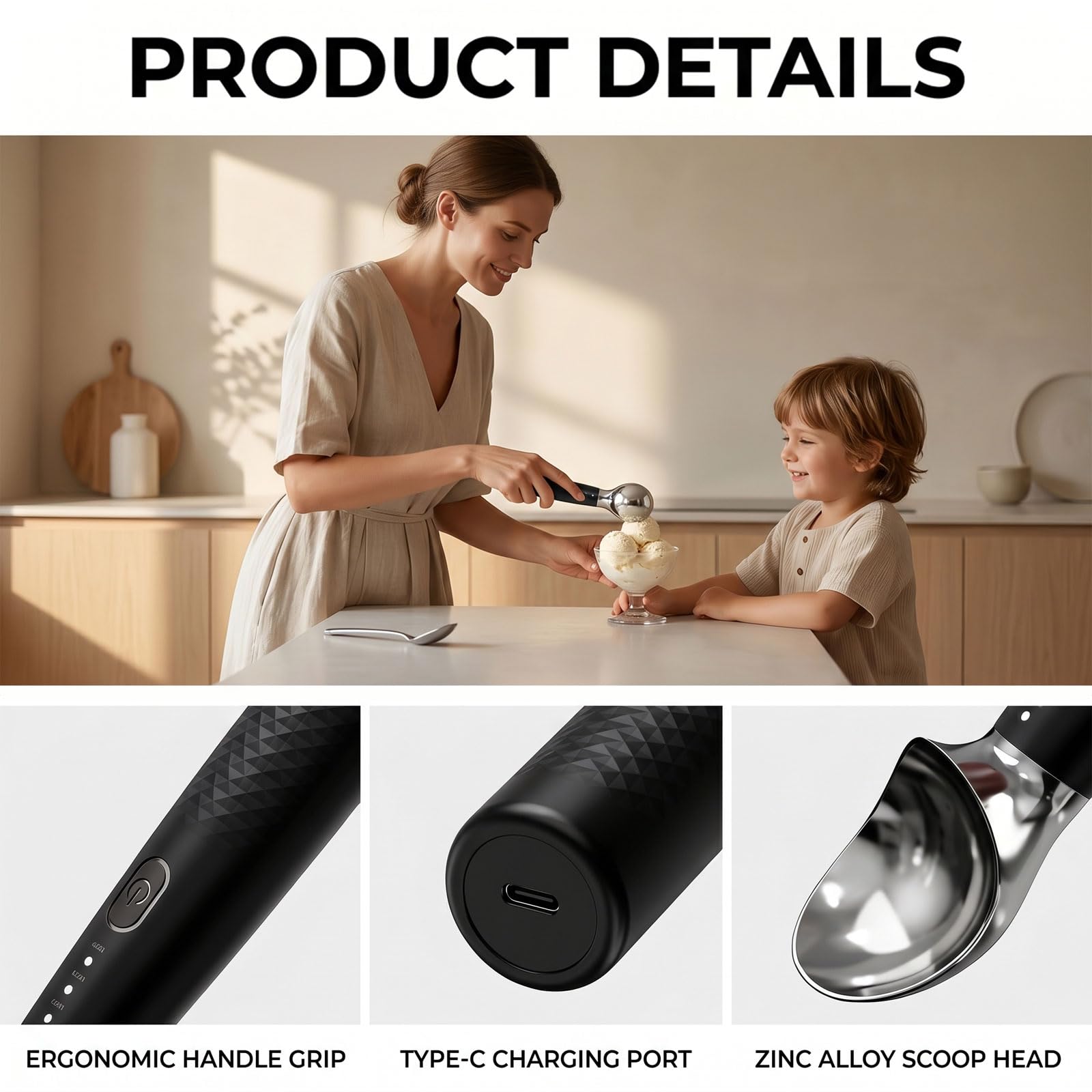 cuillère à Glace chauffante, portionneur de crème glacée en Acier Inoxydable, Moule à Boules de Glace, cuillère portionneur, cuillère à Glace, Rechargeable Type-C avec 3 Niveaux