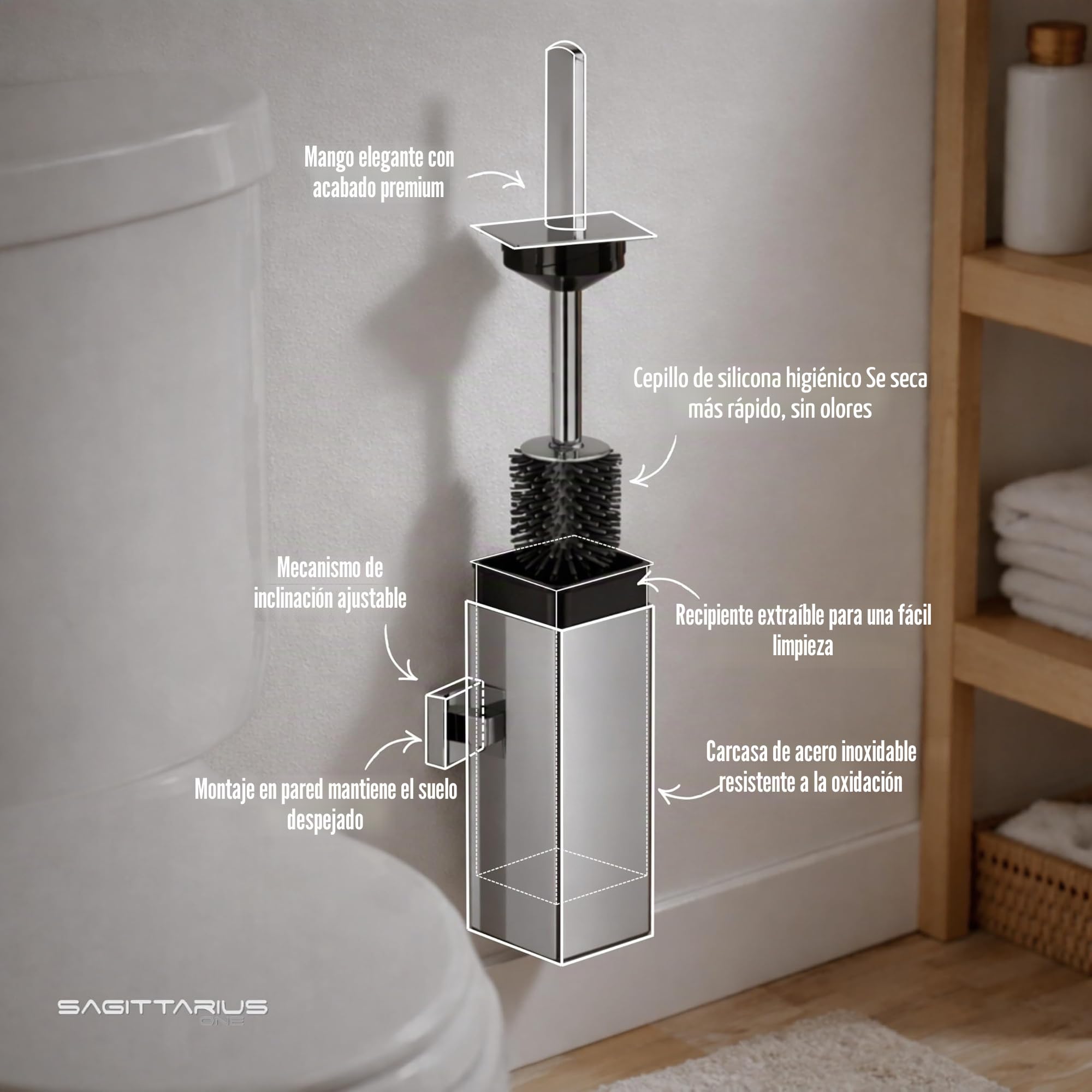 360S1 Escobillas de Baño Silicona con Soporte de Acero Inoxidable SUS304, Cepillo Higiénico y Duradero, Diseño Moderno en Cromo