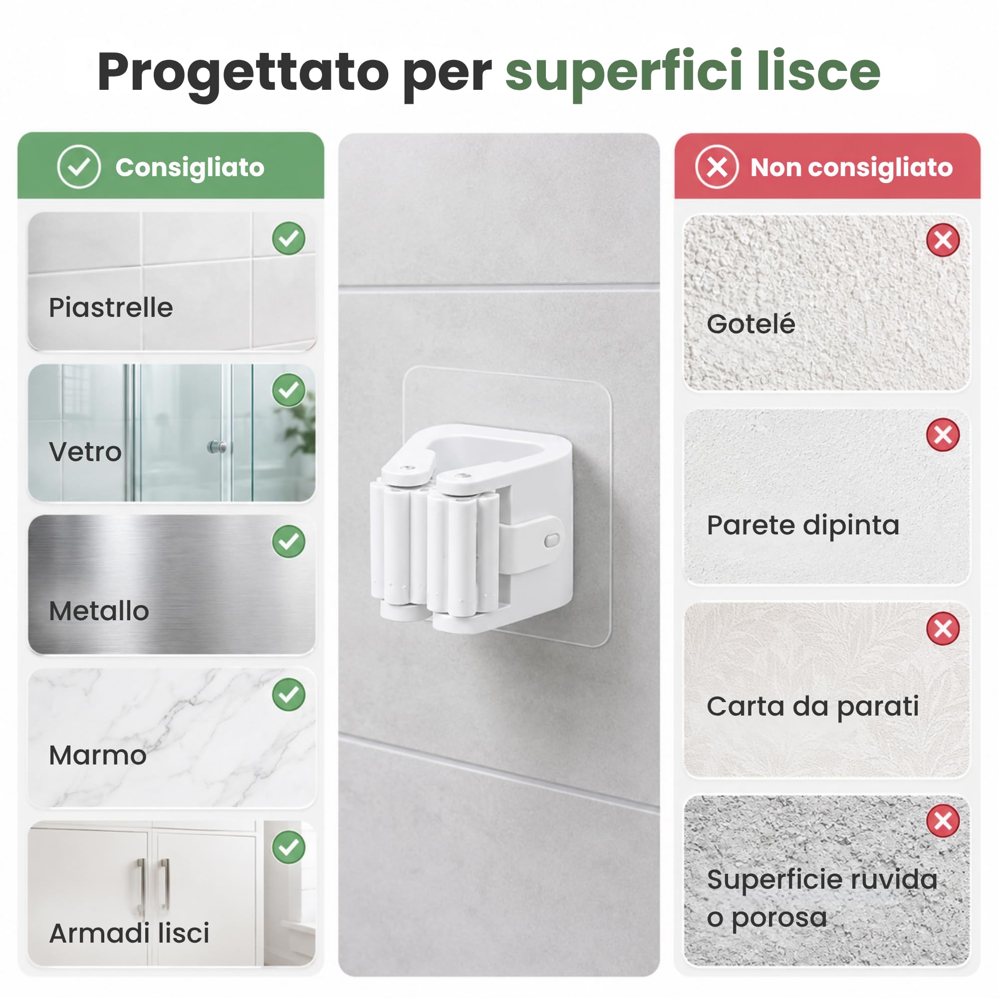 Porta Scope Parete Adesivo Set da 6, Portascope da Muro Appendibile Senza Forare, Appendi Scope Bianco per Scopa e Mocio, Cucina, Bagno, Lavanderia e Garage, 6 x 6 x 4,5 cm