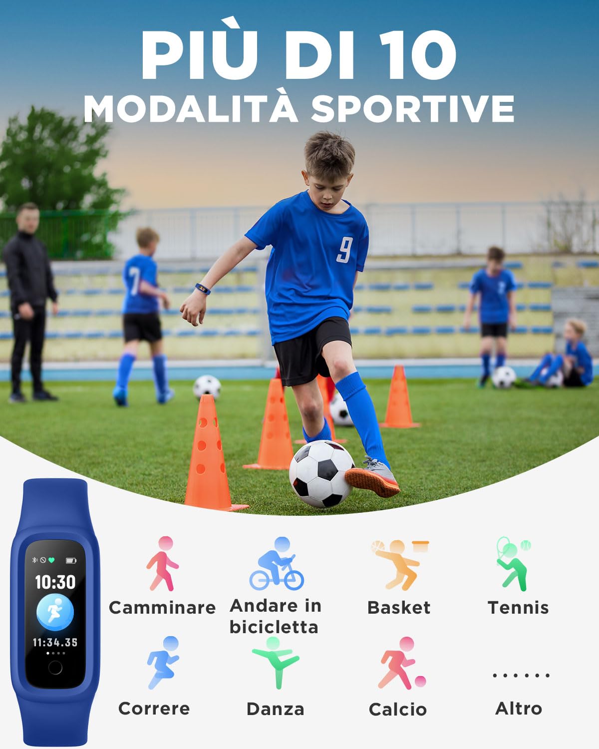 BIGGERFIVE Vigor 2 L Orologio Fitness Tracker Bambino Bambina con Contapassi, Cardiofrequenzimetro, Monitor del sonno, Impermeabile IP68 Orologio Digitale Smartwatch per Bambini 5-15 Anni, Blu