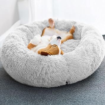 Cuddler Calming Dog Cat Bed, Donut Bed for Small to Large Dogs & Cats, Washable Soft Plush Cushion Pet Bed(Light Grey,Medium)