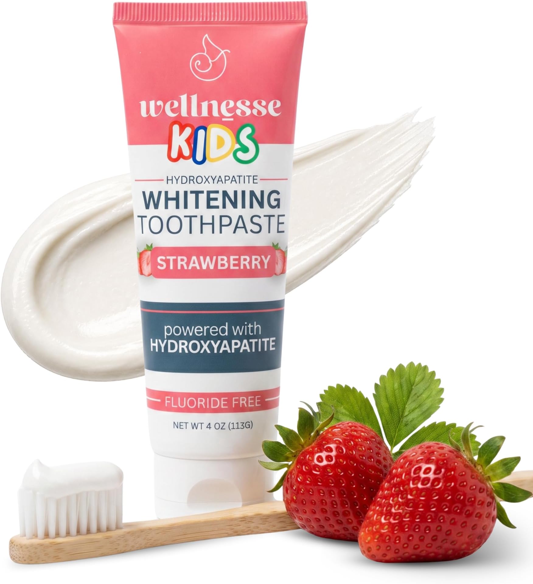 Wellnesse Hydroxyapatite Toothpaste Kids, Strawberry Flavor for Toddlers and Children, Xylitol Formula for Gentle Enamel Care, Toothpaste Whitening, Fresh Breath and Daily Brushing Habits, 4Oz