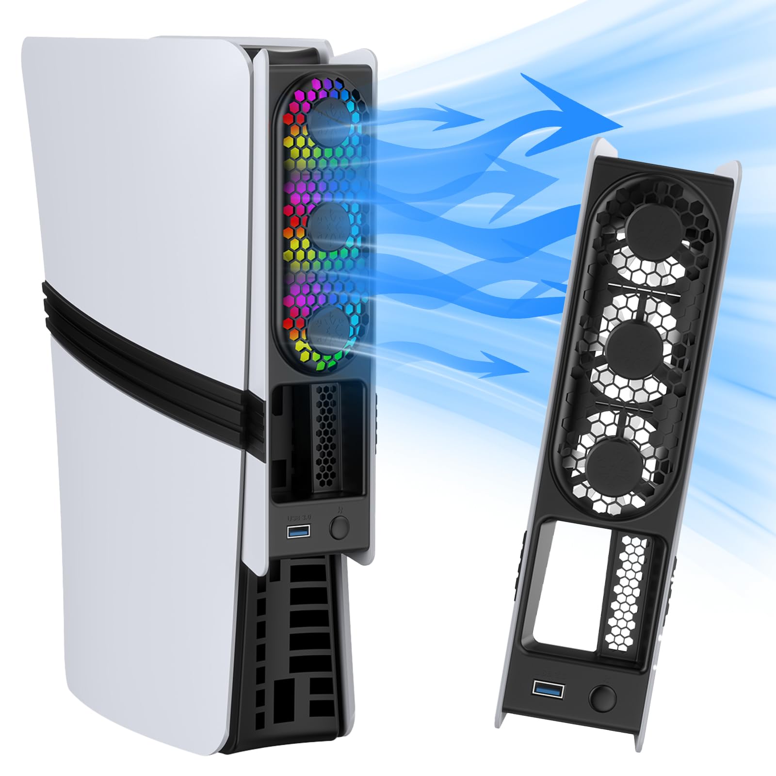 Ventilateur de refroidissement pour PS5 Pro/PS5 Slim, Refroidissement haute vitesse avec contrôle automatique de la température, faible bruit, éclairage RVB et port USB 3.0 pour les